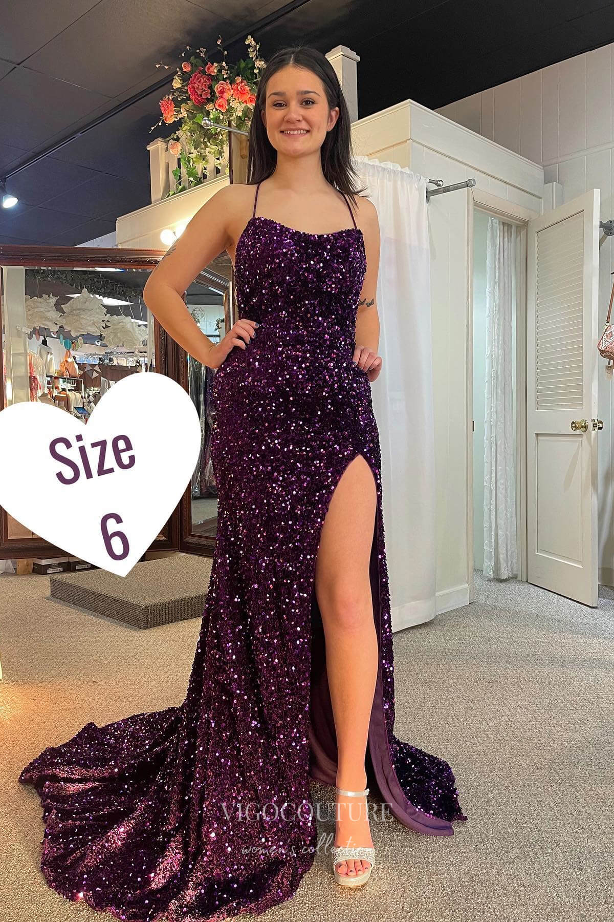 Purple Sequin Mermaid Prom Dresses with Spaghetti Straps & High Slit - vigocouture Purple Sequin Mermaid Prom Dresses with Spaghetti Straps & High Slit - vigocouture