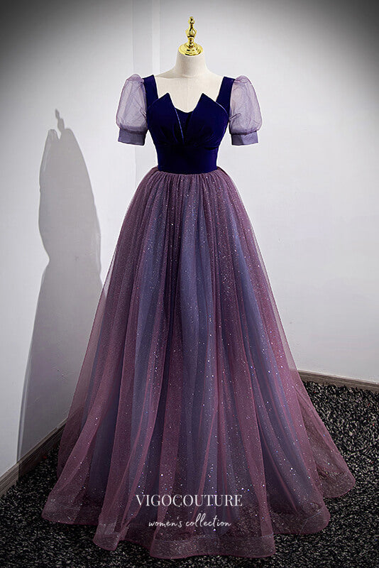 Purple Sparkly Tulle Puffed Sleeve Formal Dress A-Line Prom Dresses 21 vigocouture Purple Sparkly Tulle Puffed Sleeve Formal Dress A-Line Prom Dresses 21 vigocouture