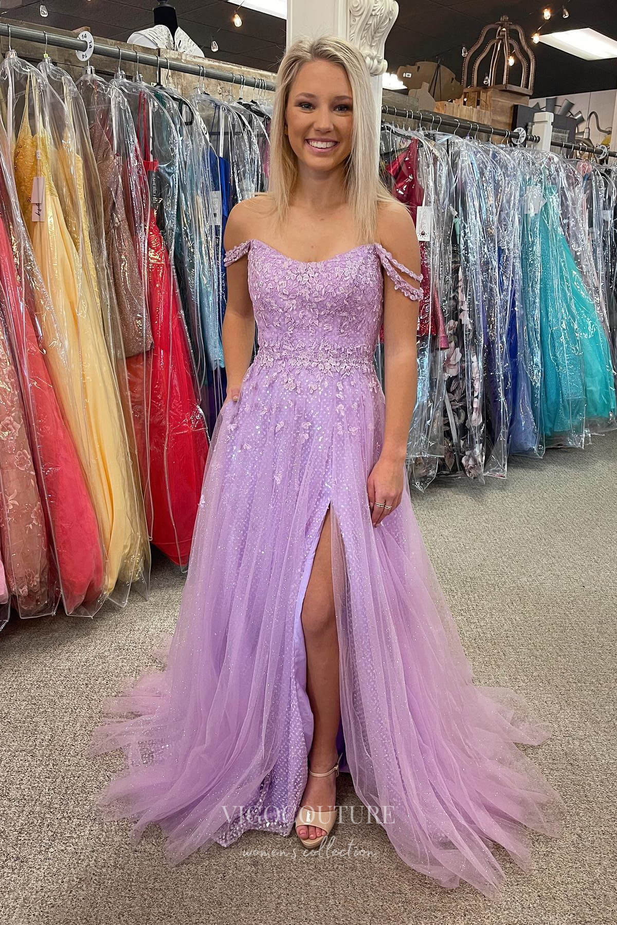 Radiant Lavender Off-Shoulder Lace Applique Prom Dress with Sparkling Tulle Skirt and Thigh-High Slit 22201 Lavender / US12 Radiant Lavender Off-Shoulder Lace Applique Prom Dress with Sparkling Tulle Skirt and Thigh-High Slit 22201 Lavender / US12