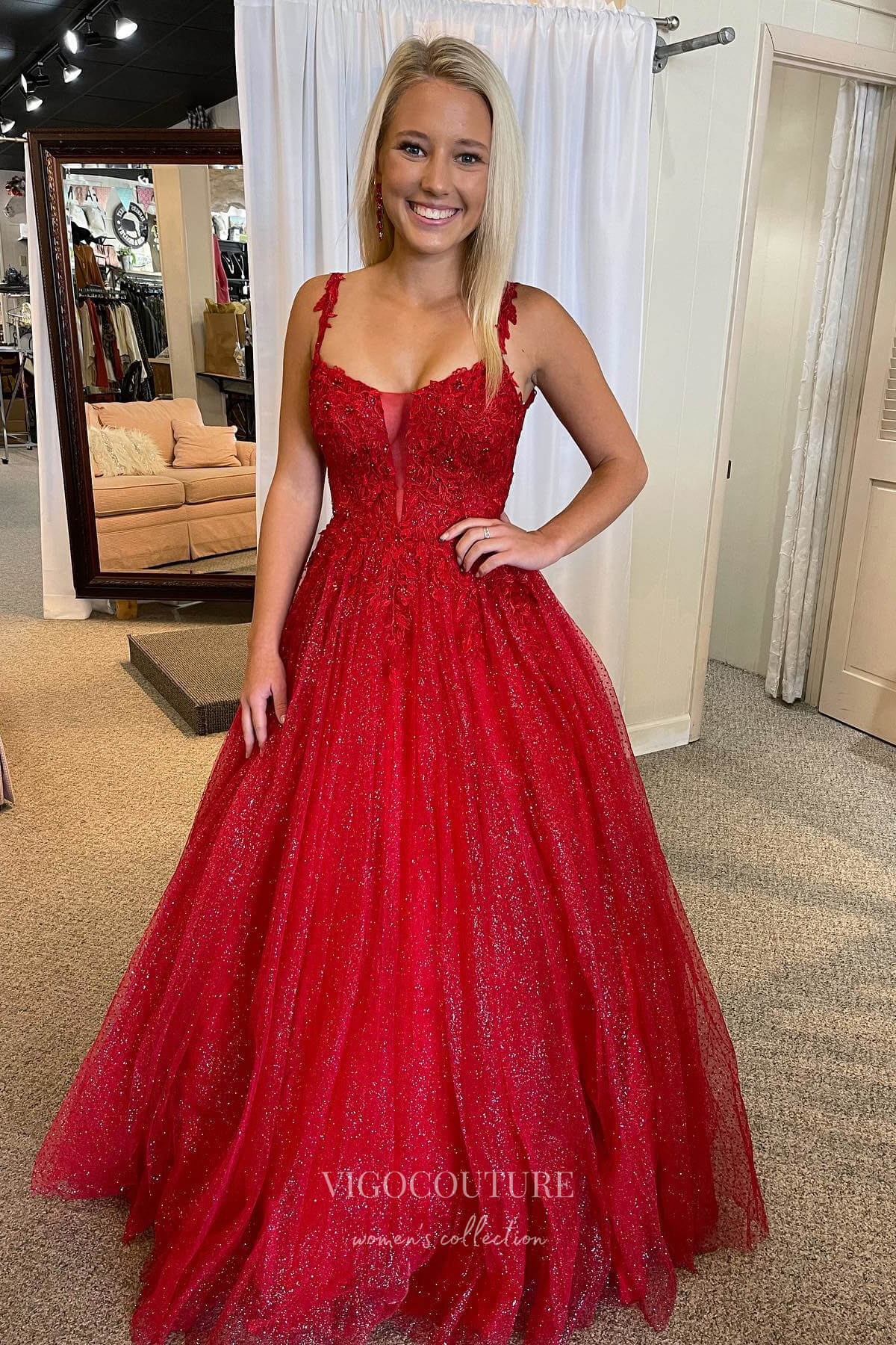 Radiant Red Sparkly Tulle Prom Dress with Lace Applique Bodice and Spa vigocouture Radiant Red Sparkly Tulle Prom Dress with Lace Applique Bodice and Spa vigocouture