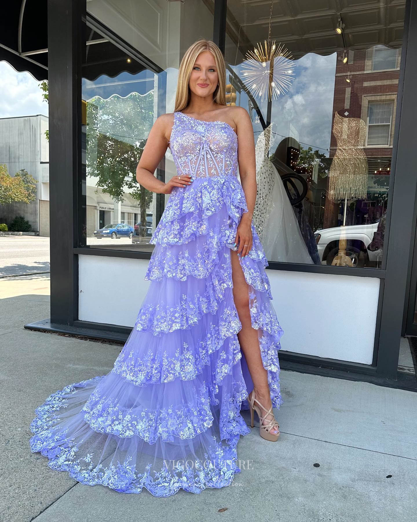 Radiant Sequin Lace Prom Dresses with Slit Ruffled One Shoulder Evening Dress 24055 Lavender / US12 Radiant Sequin Lace Prom Dresses with Slit Ruffled One Shoulder Evening Dress 24055 Lavender / US12