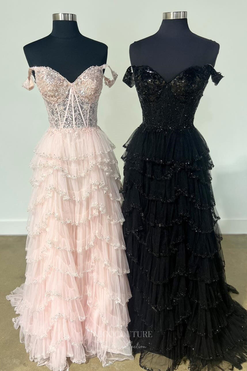 Prom Dress 2025 Radiant Sequin Lace Tiered Prom Dresses with Slit Sheer Boned Bodice 24308-unique elegant Prom Dresses-Champagne-Custom Size-vigocouture