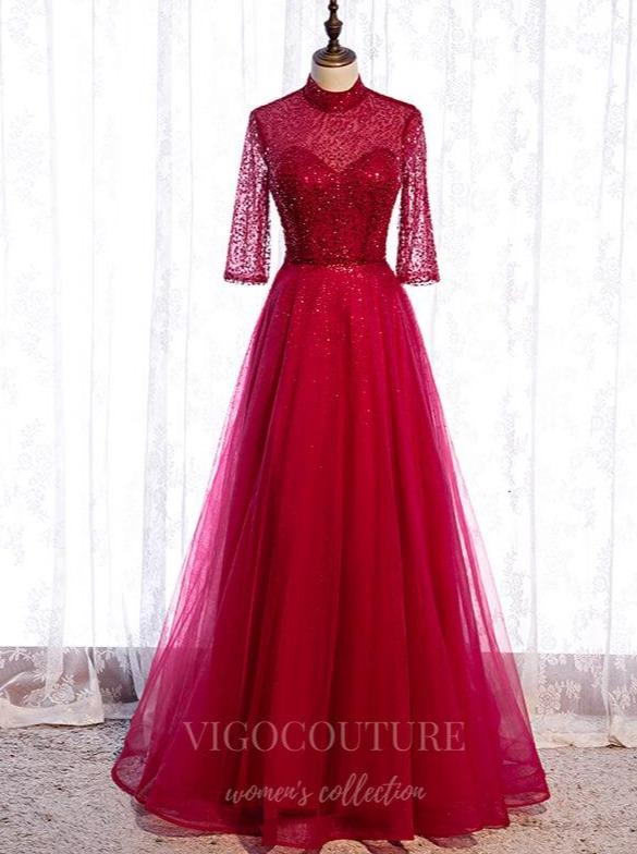 Red Beaded 3/4 Sleeve Prom Dress 2022 High Neck Formal Dress 20516 Custom Colors / 26W Red Beaded 3/4 Sleeve Prom Dress 2022 High Neck Formal Dress 20516 Custom Colors / 26W