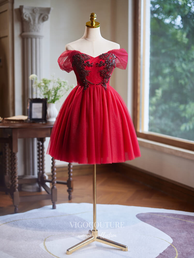 Red Beaded Lace Homecoming Dress Off the Shoulder Graduation Dress hc327 Custom Colors / US12 Red Beaded Lace Homecoming Dress Off the Shoulder Graduation Dress hc327 Custom Colors / US12