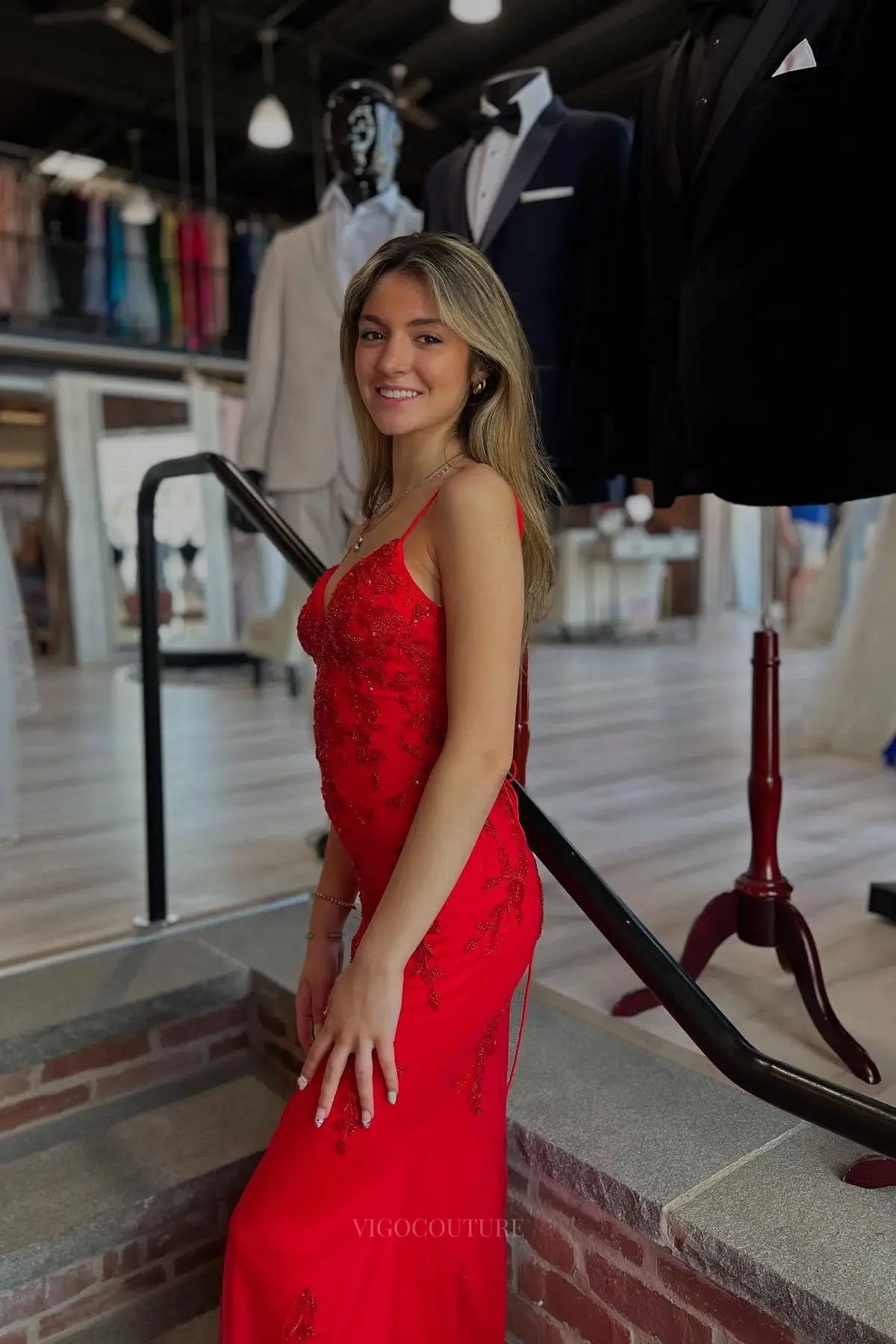 Prom Dresses 2025 to impress Red Beaded Lace Mermaid Prom Dress with Spaghetti Straps, V Neck & Lace-Up Open Back – 26067-vigocouture-vigocouture