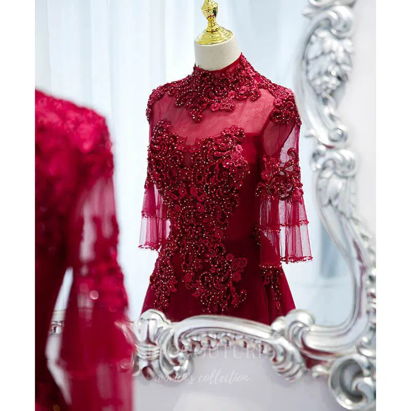 Prom Dress 2025 Red Beaded Lace Prom Dress 2022 High Neck Formal Dress 20504-unique elegant Prom Dresses-Red-US2-vigocouture