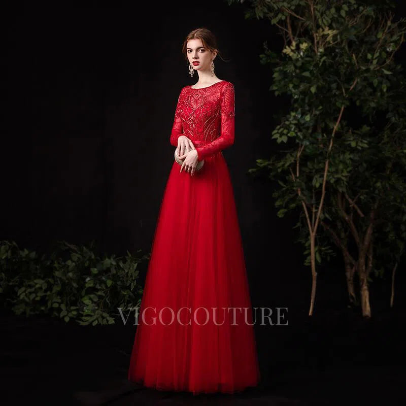 Prom Dress 2025 Red Beaded Long Sleeve Prom Dresses 20121-unique elegant Prom Dresses-Red-US2-vigocouture