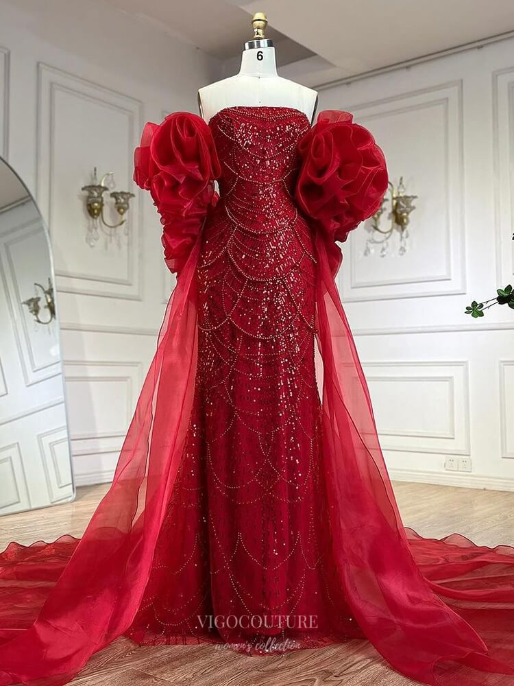 Red Beaded Strapless Prom Dresses Removable Rosette Puffed Sleeve Pageant Dress 25010 Red Beaded Strapless Prom Dresses Removable Rosette Puffed Sleeve Pageant Dress 25010