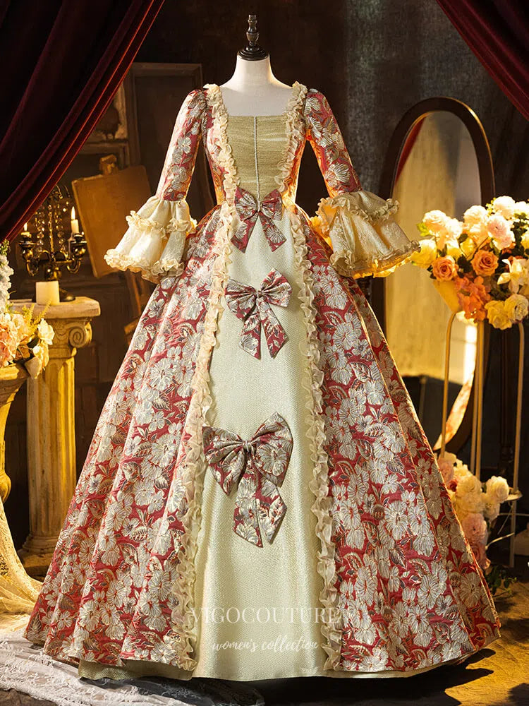 Red Floral Print Tiered Vintage Princess Dress Puffed Sleeve Bow-Tie Quinceanera Dresses 25044 Custom Colors / 24W Red Floral Print Tiered Vintage Princess Dress Puffed Sleeve Bow-Tie Quinceanera Dresses 25044 Custom Colors / 24W