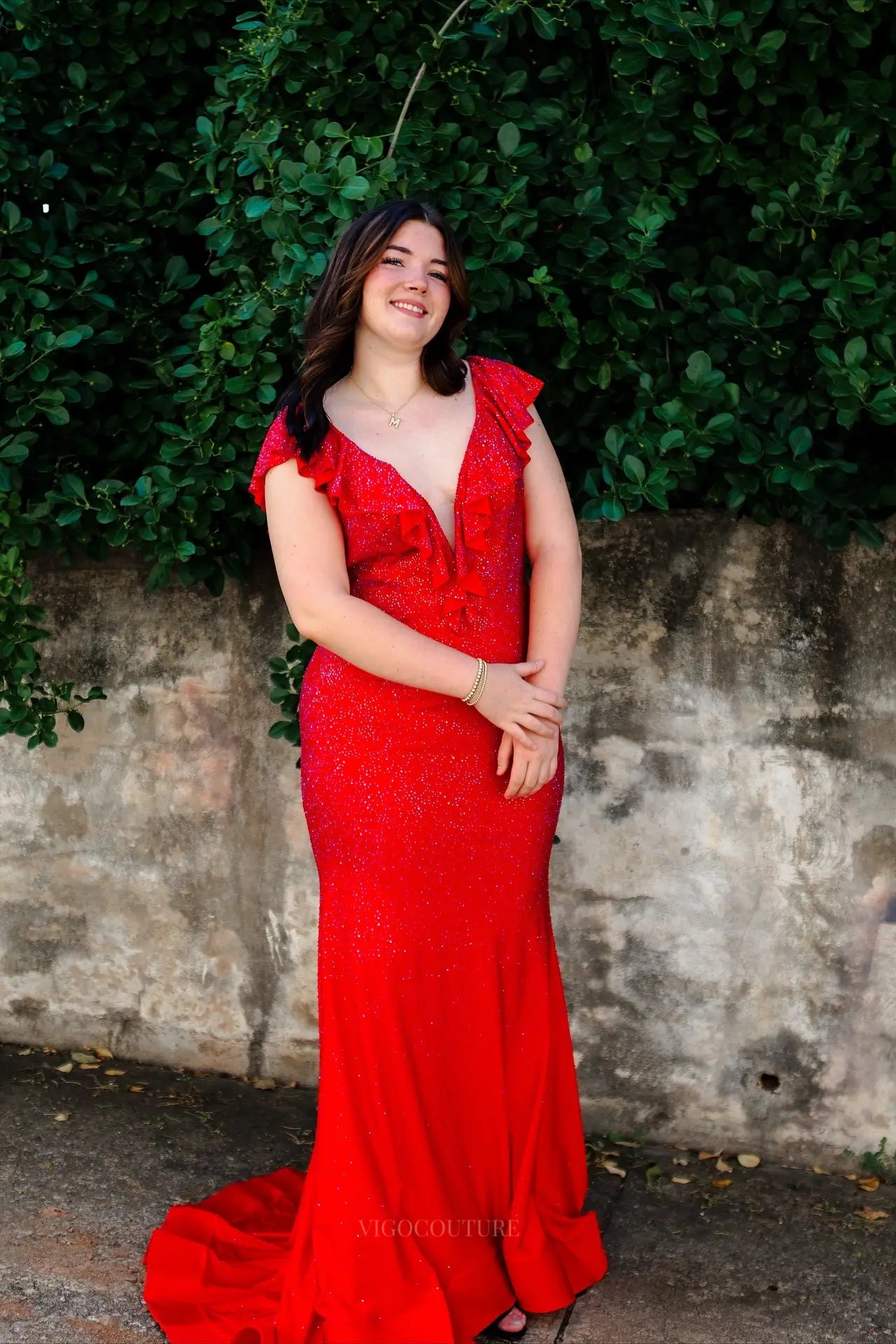 Prom Dresses 2025 to impress Red Glitter Mermaid Prom Dress with Ruffle Cap Sleeves, Deep V Neck & Open Back – 26075-vigocouture-vigocouture