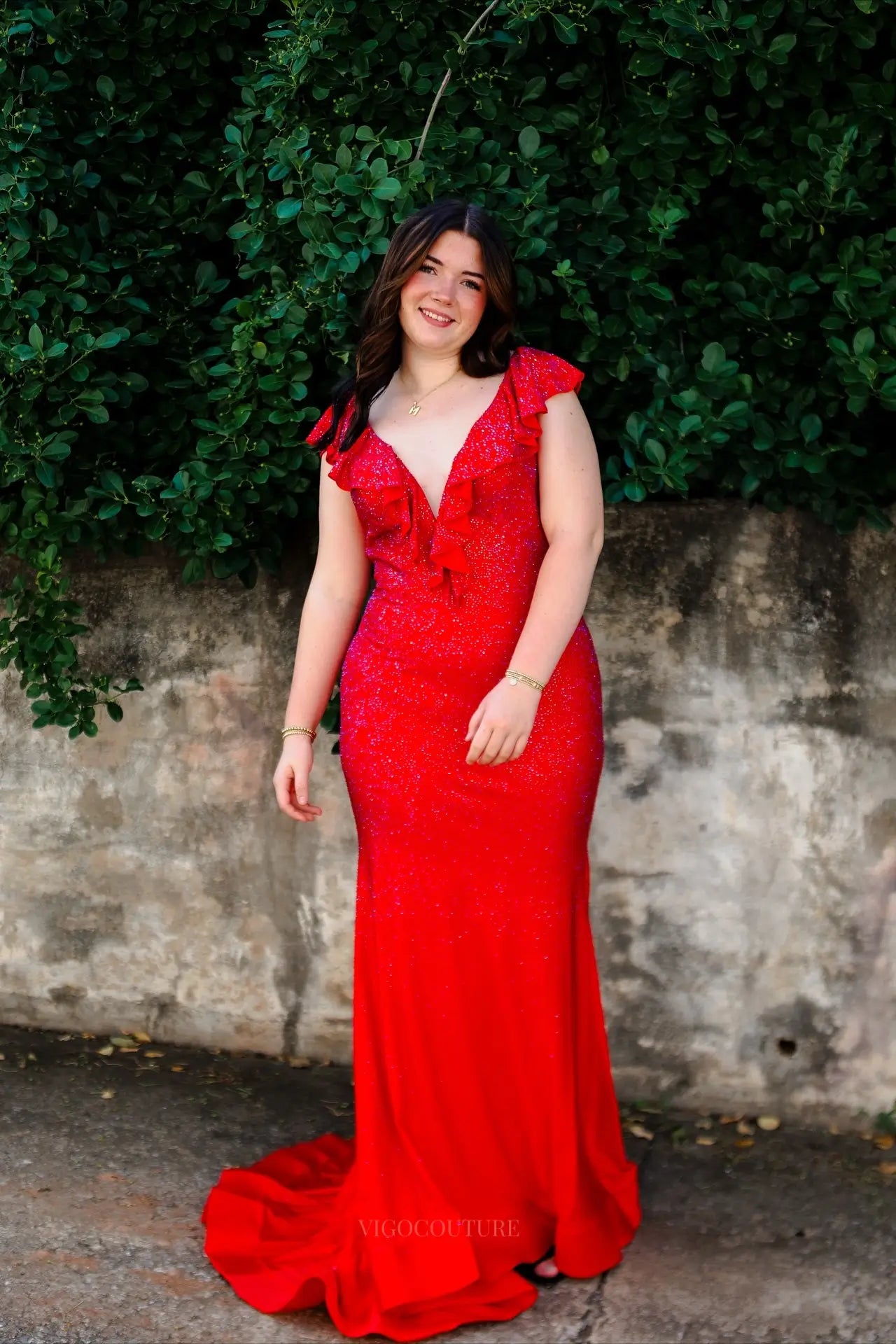 Red Glitter Mermaid Prom Dress with Ruffle Cap Sleeves, Deep V Neck & Open Back – 26075