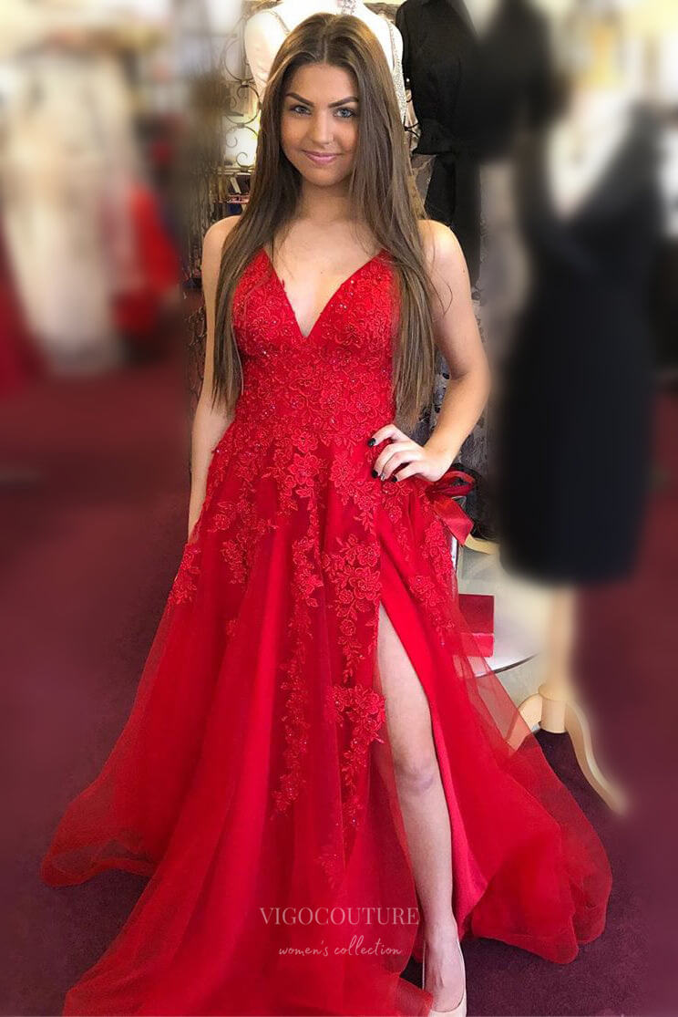 Red Lace Applique Cheap Prom Dresses with Slit Spaghetti Strap V-Neck vigocouture Red Lace Applique Cheap Prom Dresses with Slit Spaghetti Strap V-Neck vigocouture