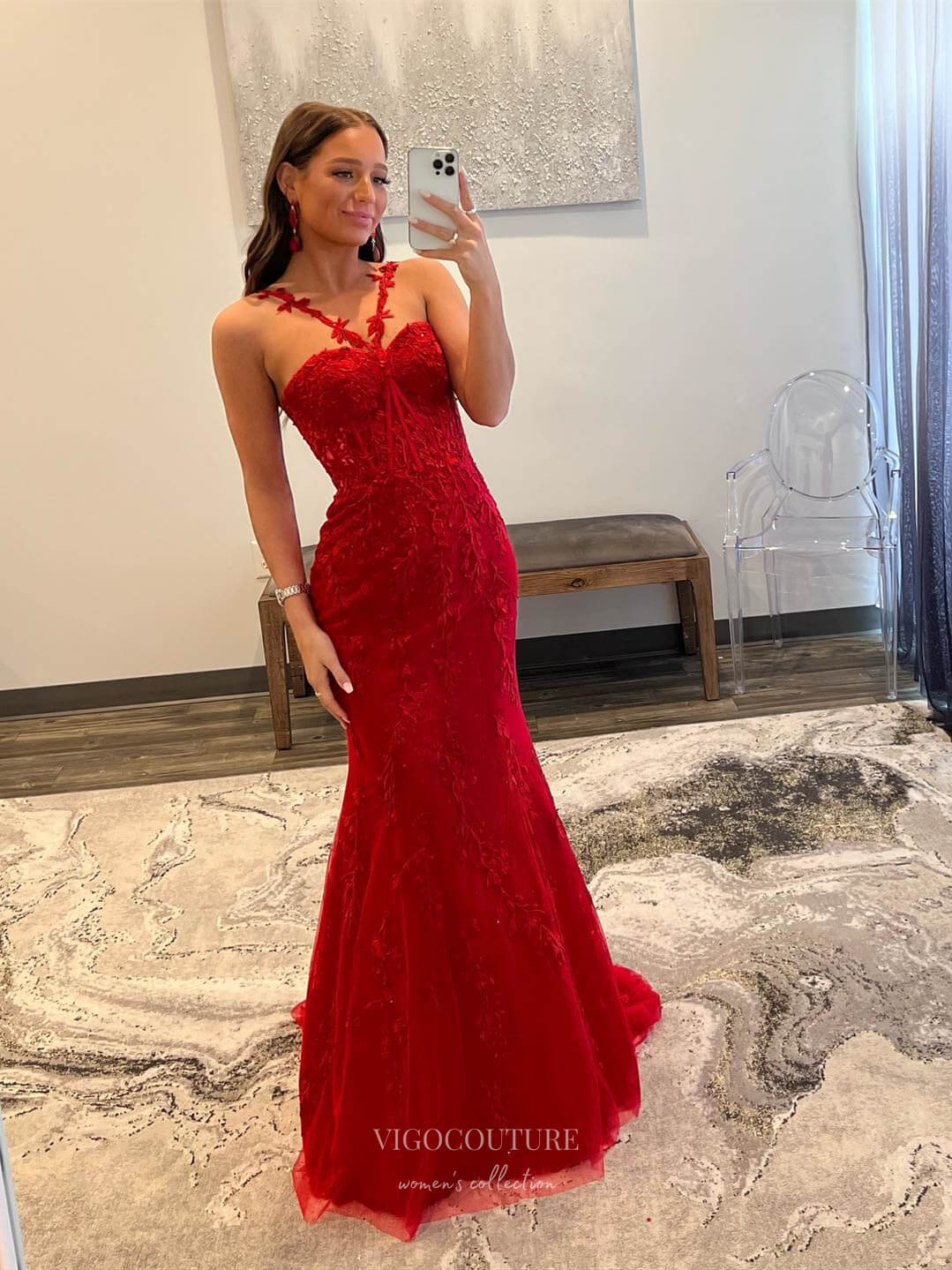 Red Lace Applique Prom Dresses Mermaid Evening Dress with Spaghetti Straps 24006 Custom Colors / 26W Red Lace Applique Prom Dresses Mermaid Evening Dress with Spaghetti Straps 24006 Custom Colors / 26W