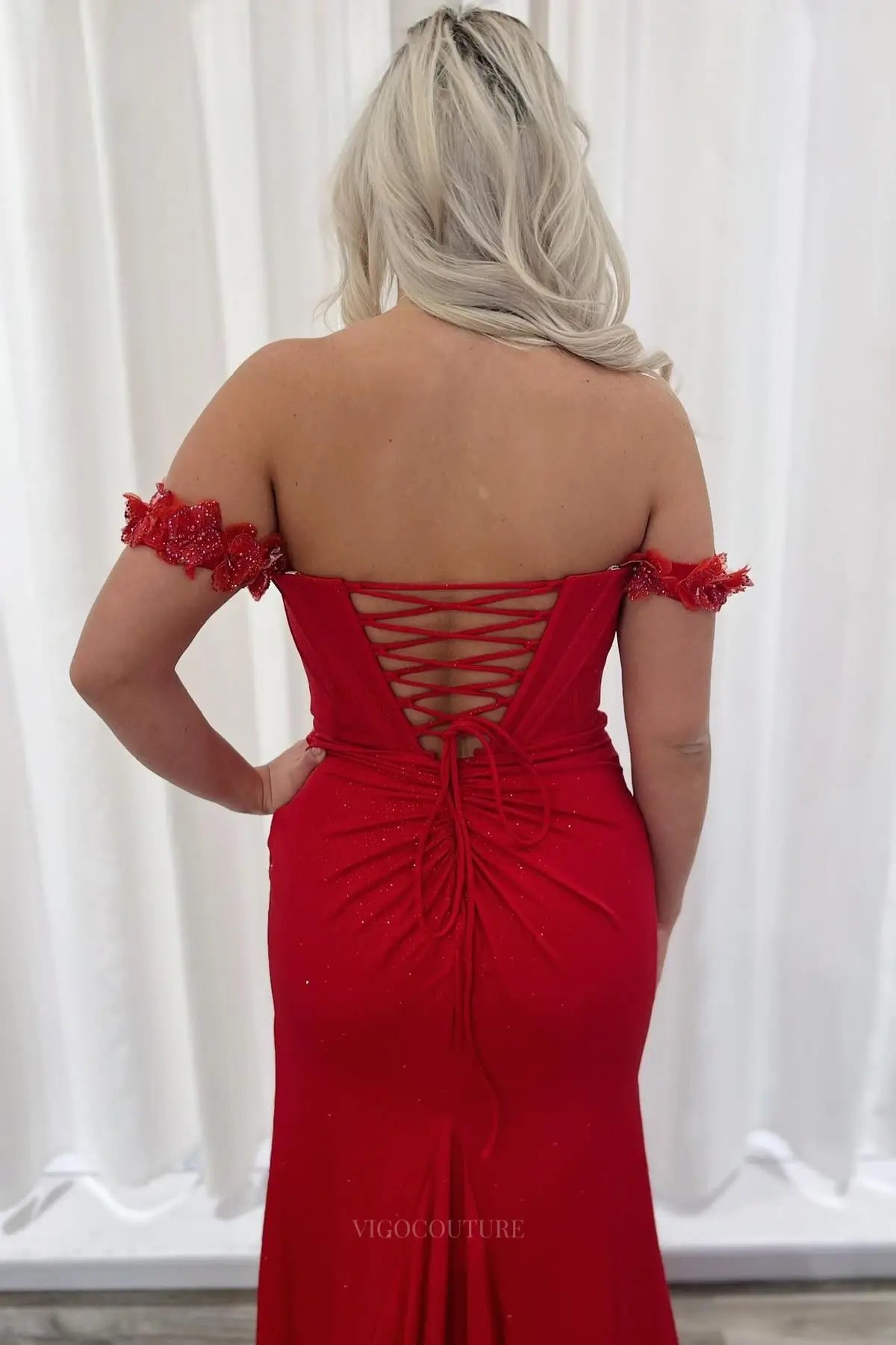 Prom Dresses 2025 to impress Red Off Shoulder Glitter Prom Dress with 3D Floral Sleeves, Lace-Up Back & High Slit – 26061-vigocouture-vigocouture