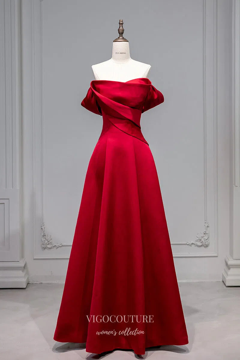 Red Off the Shoulder Cheap Prom Dresses 2025 Satin Formal Dress 25063 – vigocouture Red Off the Shoulder Cheap Prom Dresses 2025 Satin Formal Dress 25063 – vigocouture