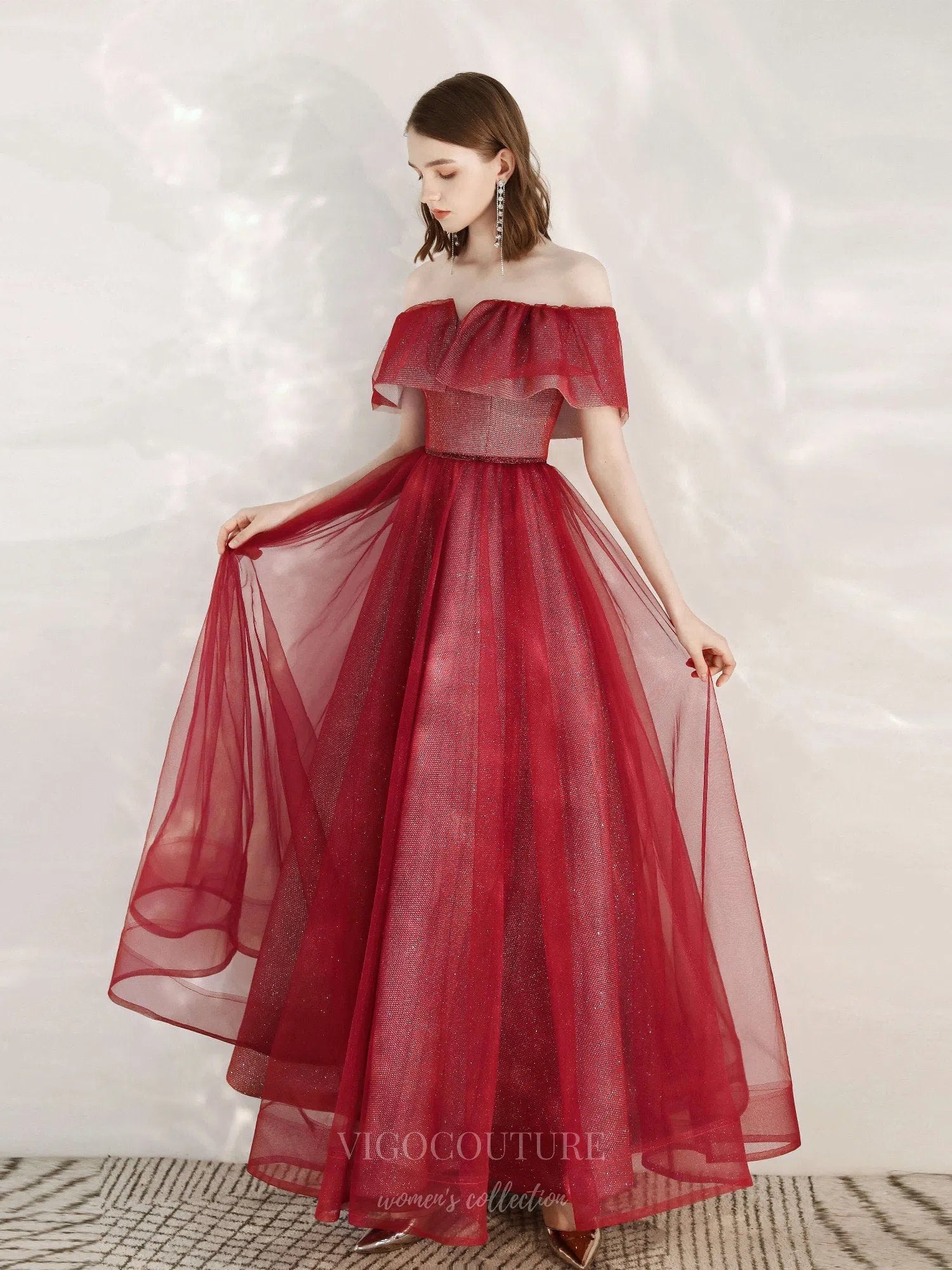 Red Off the Shoulder Prom Dress 20694 vigocouture Red Off the Shoulder Prom Dress 20694 vigocouture