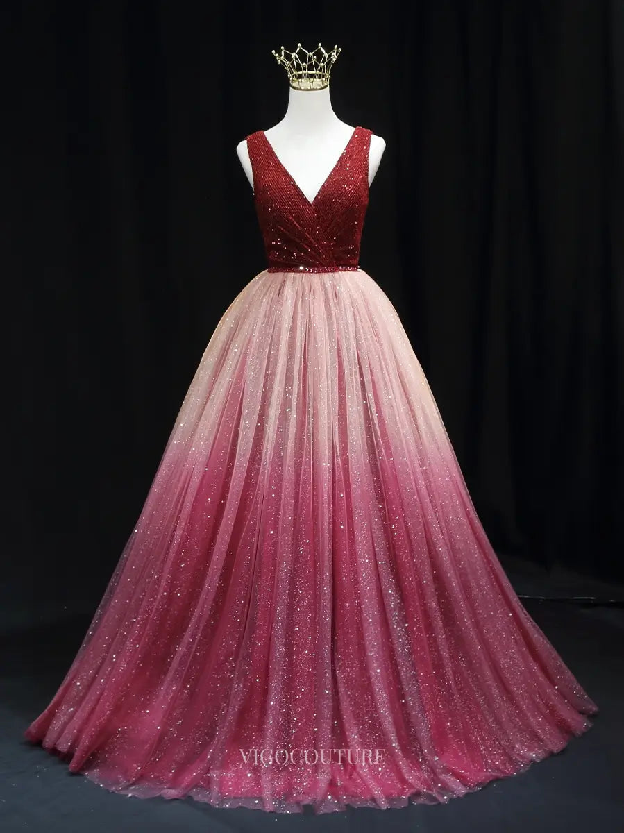 Red Ombre Sparkly Tulle Prom Dresses with Sequin Bodice, V-Neck, Formal Dresses SU053 Red / 18W Red Ombre Sparkly Tulle Prom Dresses with Sequin Bodice, V-Neck, Formal Dresses SU053 Red / 18W