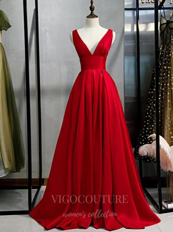Red Plunging V-Neck Prom Dress 2022 Satin Formal Dress 20550 Red / US6 Red Plunging V-Neck Prom Dress 2022 Satin Formal Dress 20550 Red / US6