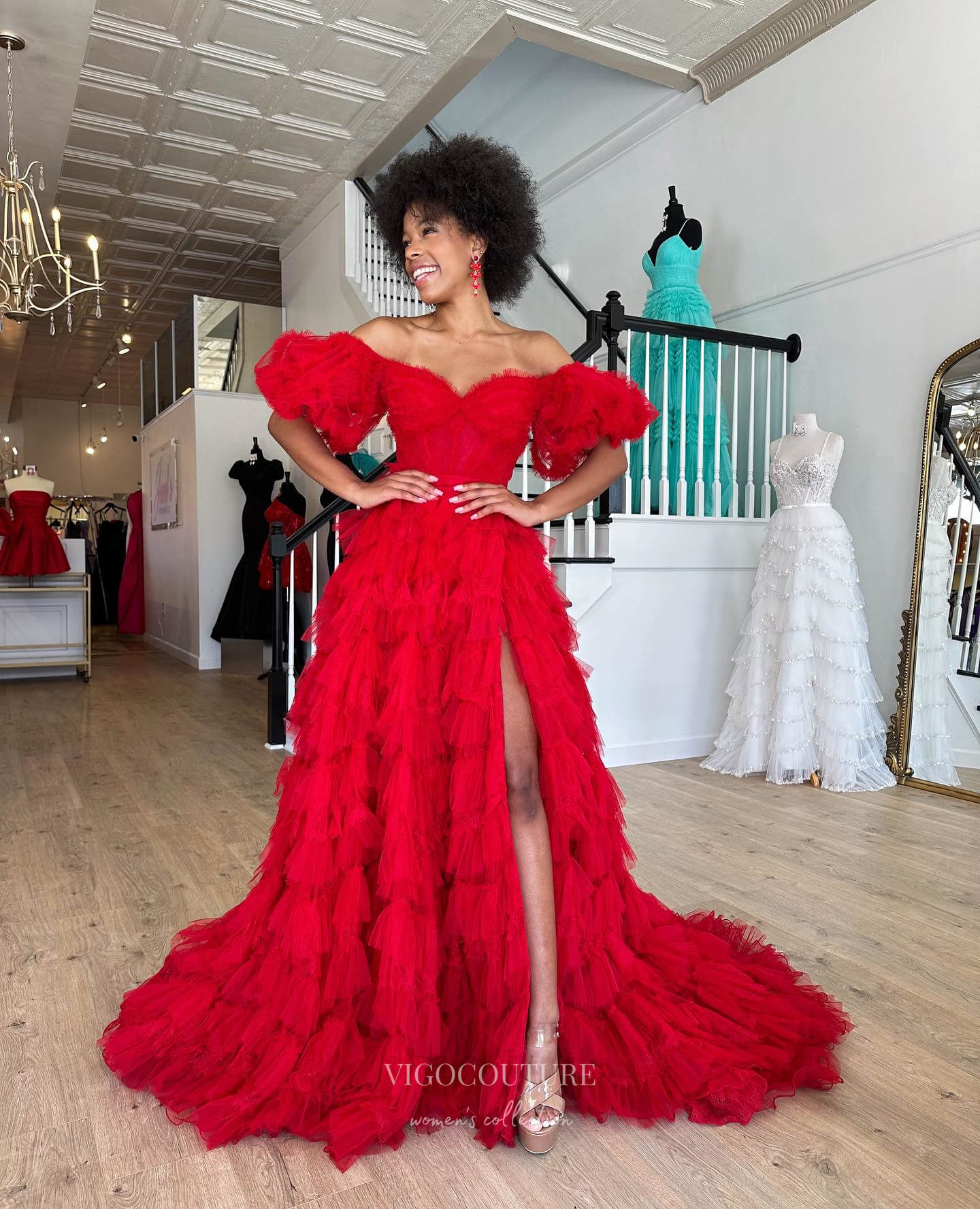 Red Ruffled Puffed Sleeve Prom Dresses with Slit Off the Shoulder
