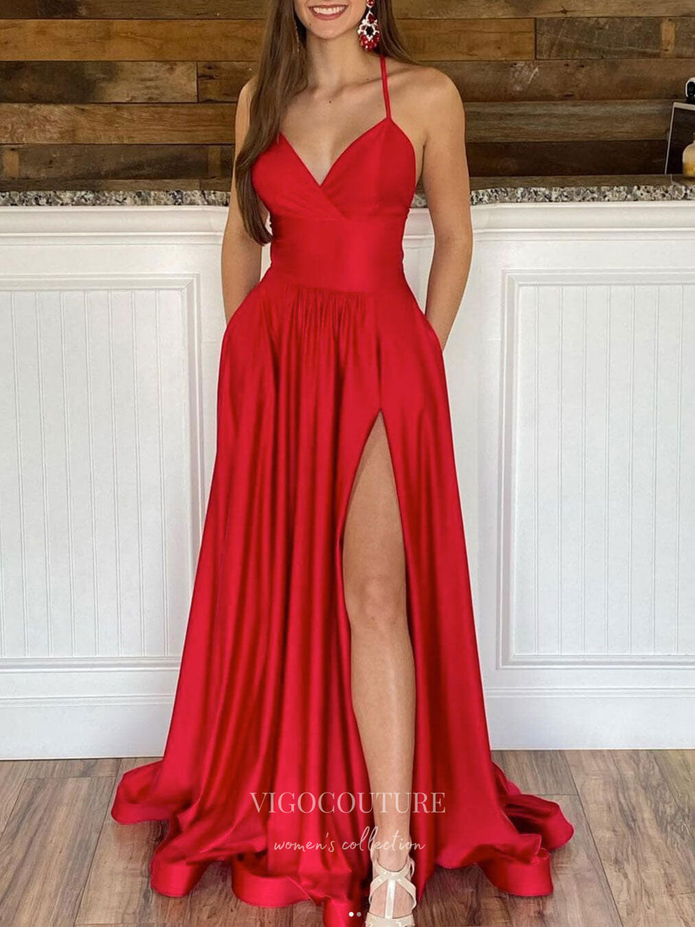 Red Satin Prom Dresses With Slit Spaghetti Strap Evening Dress 21850 Custom Colors / US14 Red Satin Prom Dresses With Slit Spaghetti Strap Evening Dress 21850 Custom Colors / US14