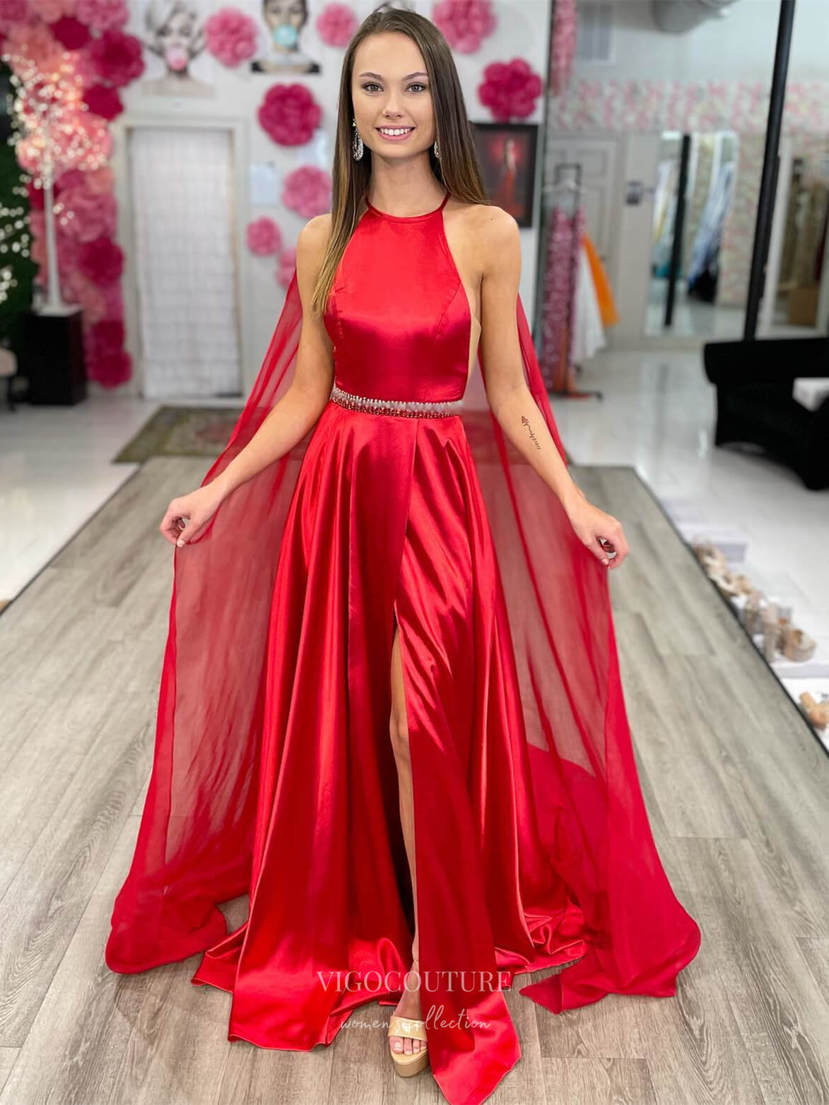 Red Satin Removable Cape Prom Dresses with Slit Halter Neck Beaded Waist 24143 Red / US2 Red Satin Removable Cape Prom Dresses with Slit Halter Neck Beaded Waist 24143 Red / US2