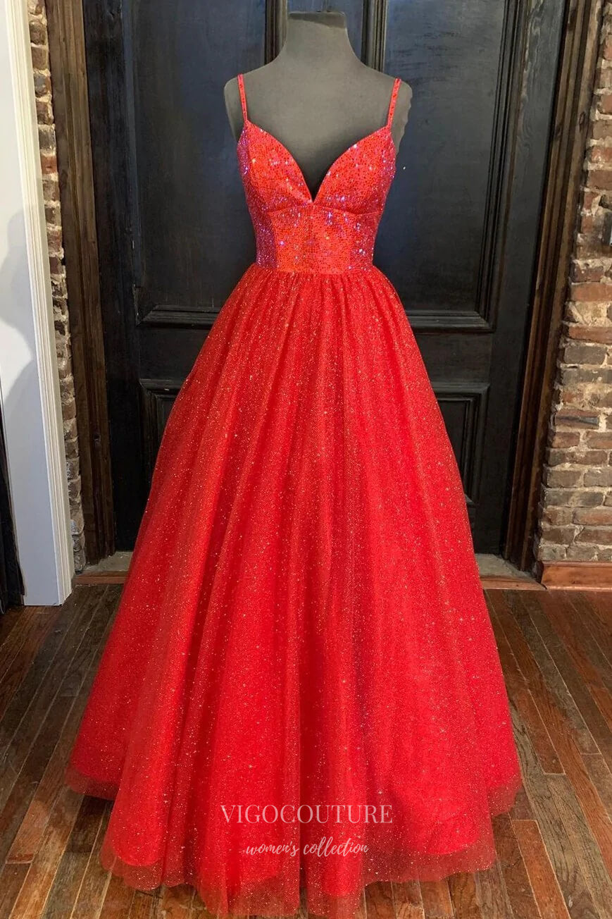 Red Sparkly Tulle Prom Dresses Spaghetti Strap V-Neck Formal Gown 2189 vigocouture Red Sparkly Tulle Prom Dresses Spaghetti Strap V-Neck Formal Gown 2189 vigocouture