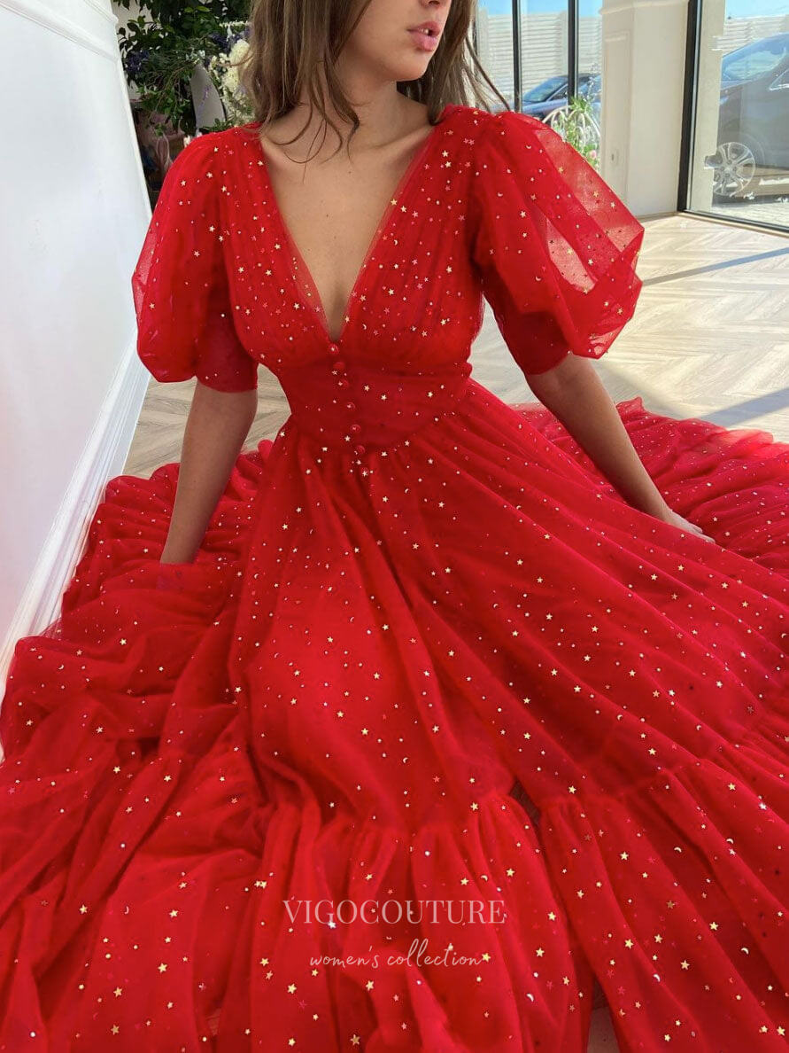 Red Starry Tulle Prom Dresses Tea-Length Puffed Sleeve Short Formal Dress 21831