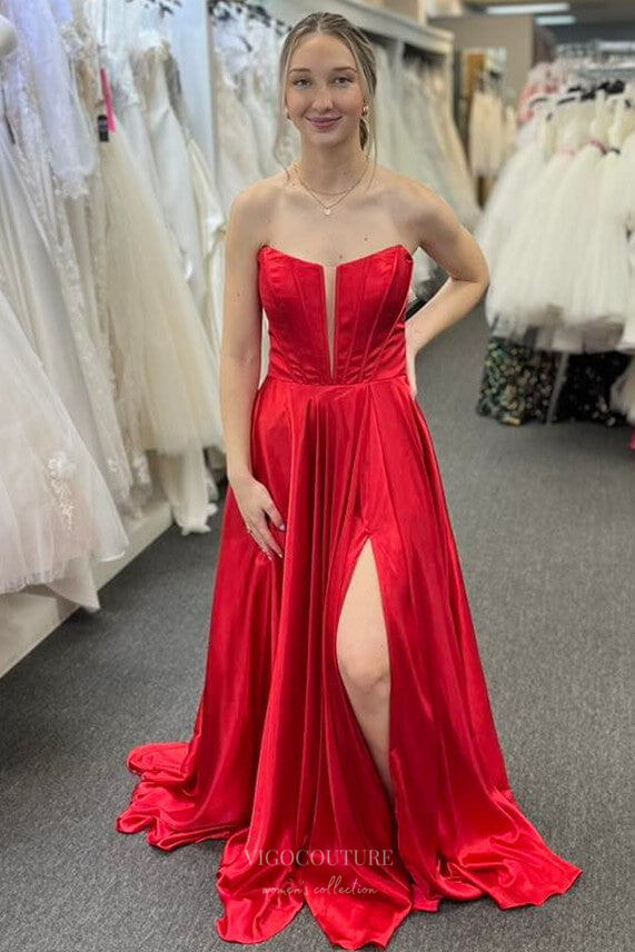 Red Strapless Satin Cheap Prom Dresses with Slit Bow-Tie Back Boned Bo – vigocouture Red Strapless Satin Cheap Prom Dresses with Slit Bow-Tie Back Boned Bo – vigocouture