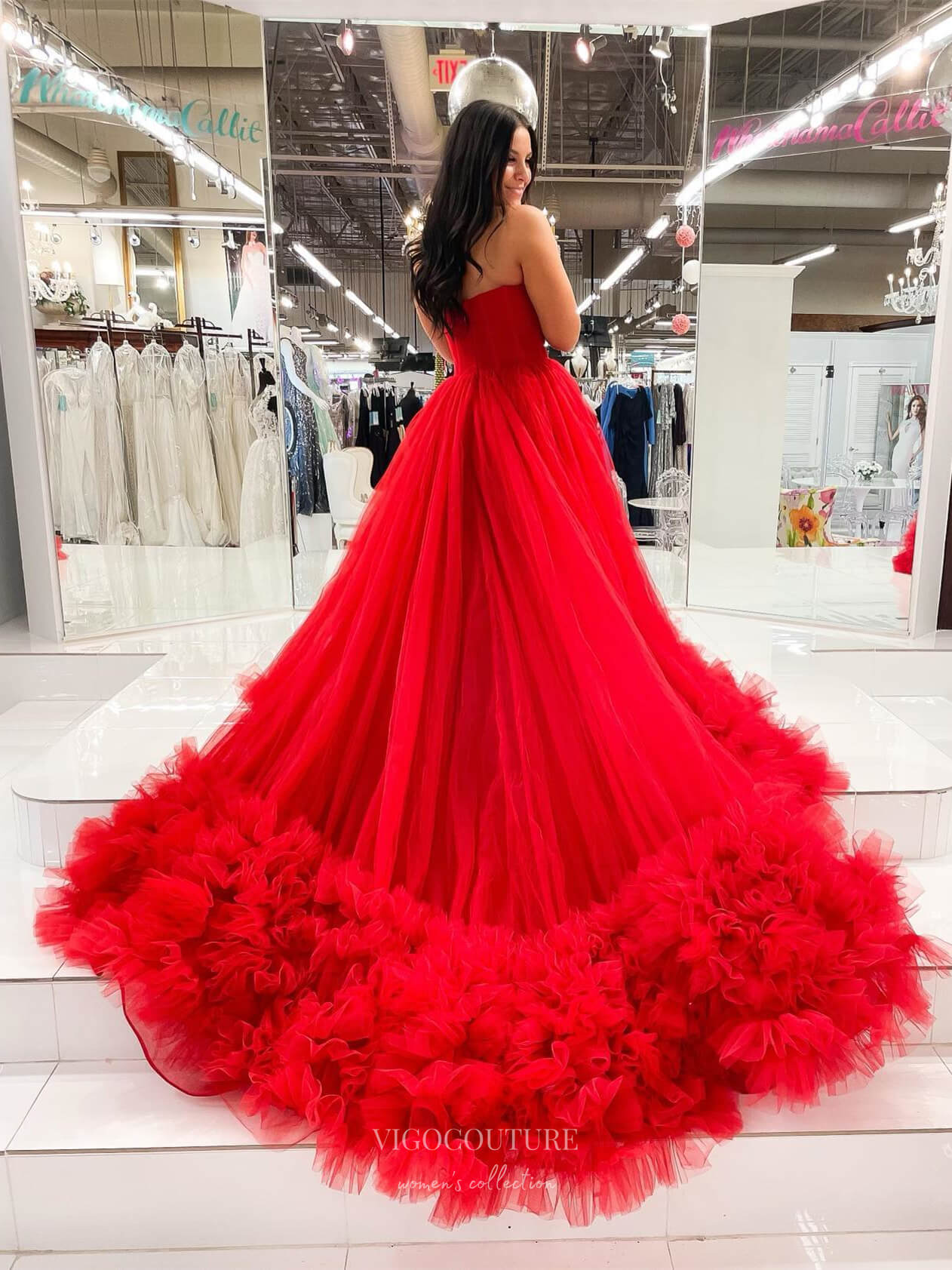 Red Tiered Tulle Prom Dresses Strapless Formal Gown 24034 vigocouture Red Tiered Tulle Prom Dresses Strapless Formal Gown 24034 vigocouture