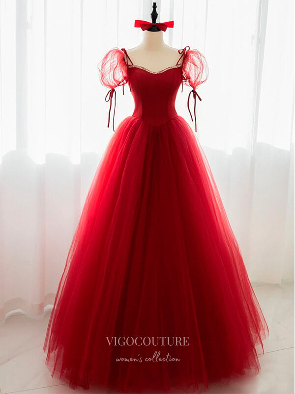 Red Tulle Prom Dresses Puffed Sleeve Formal Dresses 21046 Custom Colors / US4 Red Tulle Prom Dresses Puffed Sleeve Formal Dresses 21046 Custom Colors / US4