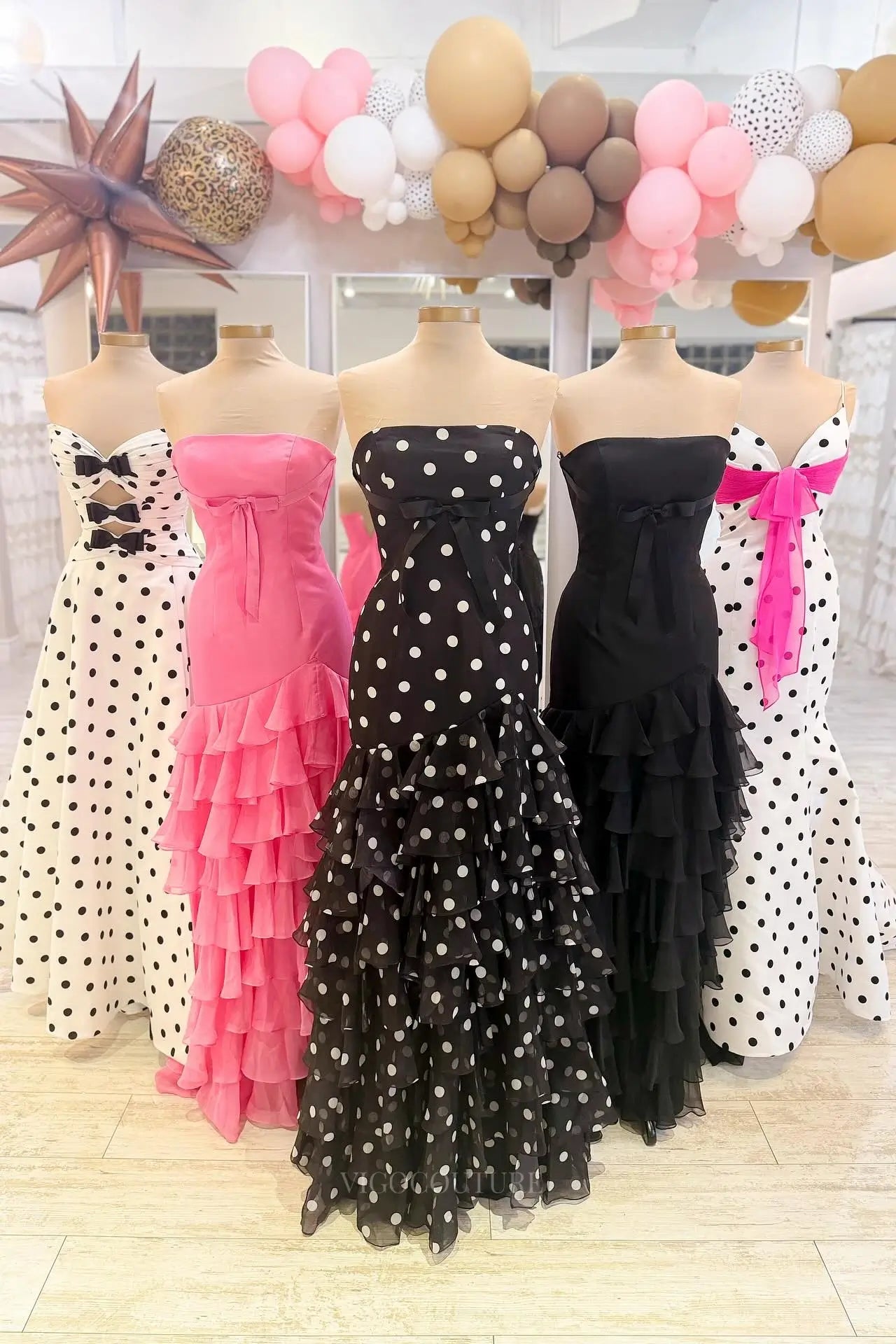 Prom Dresses 2025 to impress Retro Polka Dot Prom Dress with Strapless Bow Bodice, Tiered Ruffle Skirt and Slit – 26170-vigocouture-vigocouture