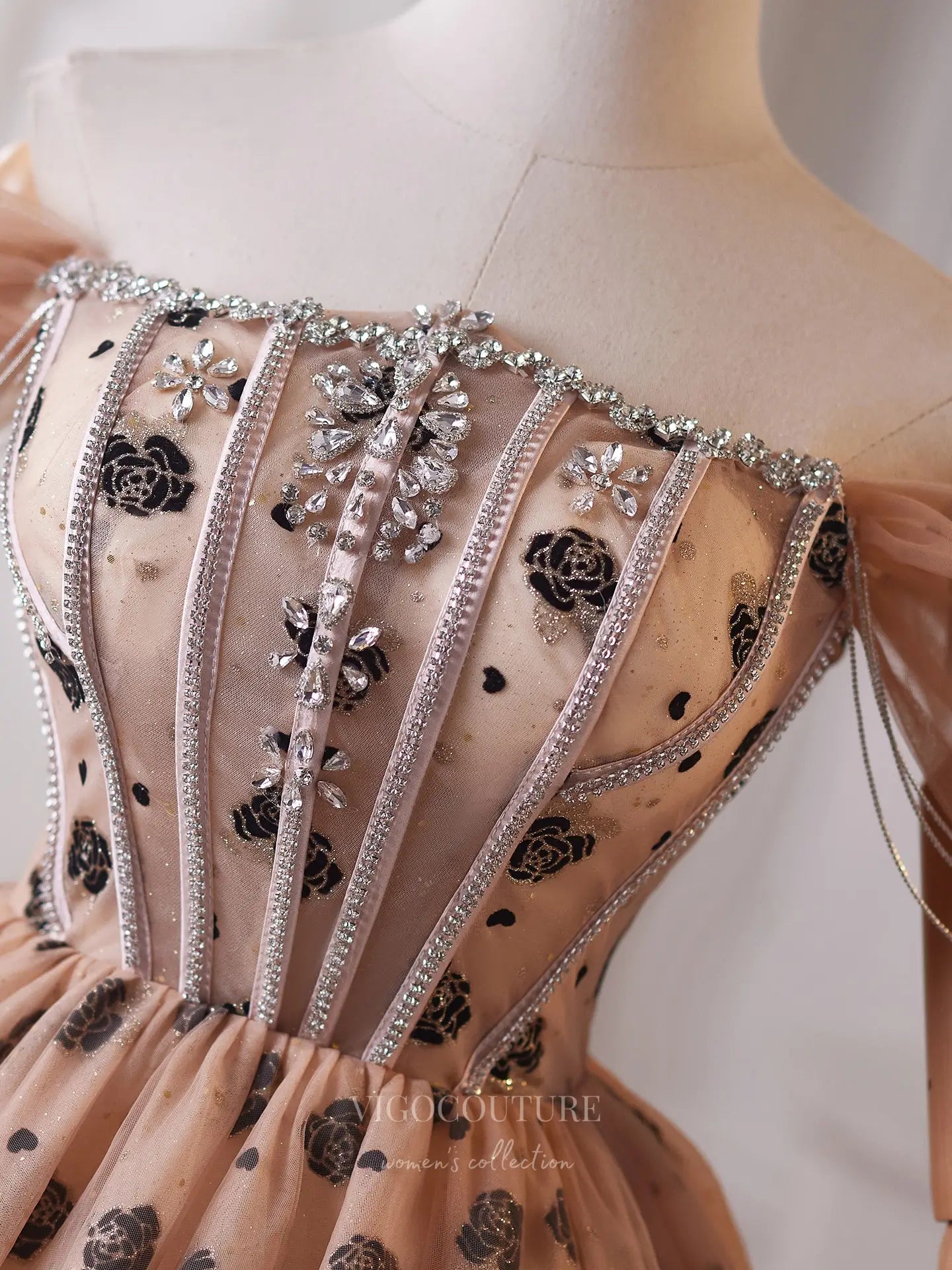 Prom Dresses 2025 to impress Romantic Champagne Glitter Homecoming Dress with Rhinestone Bodice, Off-Shoulder Sleeves & Floral Tulle Skirt – 26011-vigocouture-vigocouture