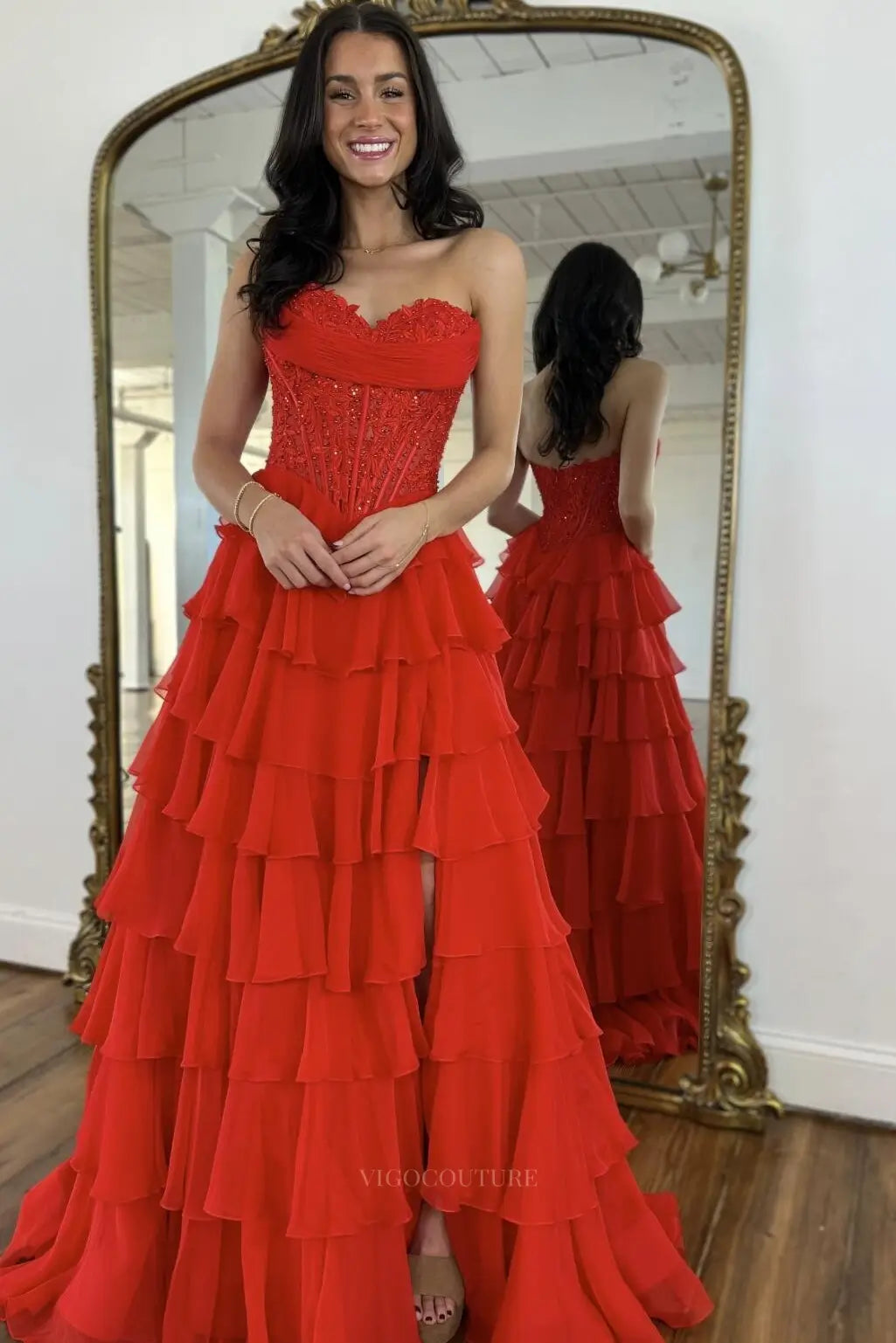 Prom Dresses 2025 to impress Romantic Tiered Ruffle Prom Dress with Lace Corset Bodice, Draped Neckline & Front Slit – 26150-vigocouture-vigocouture