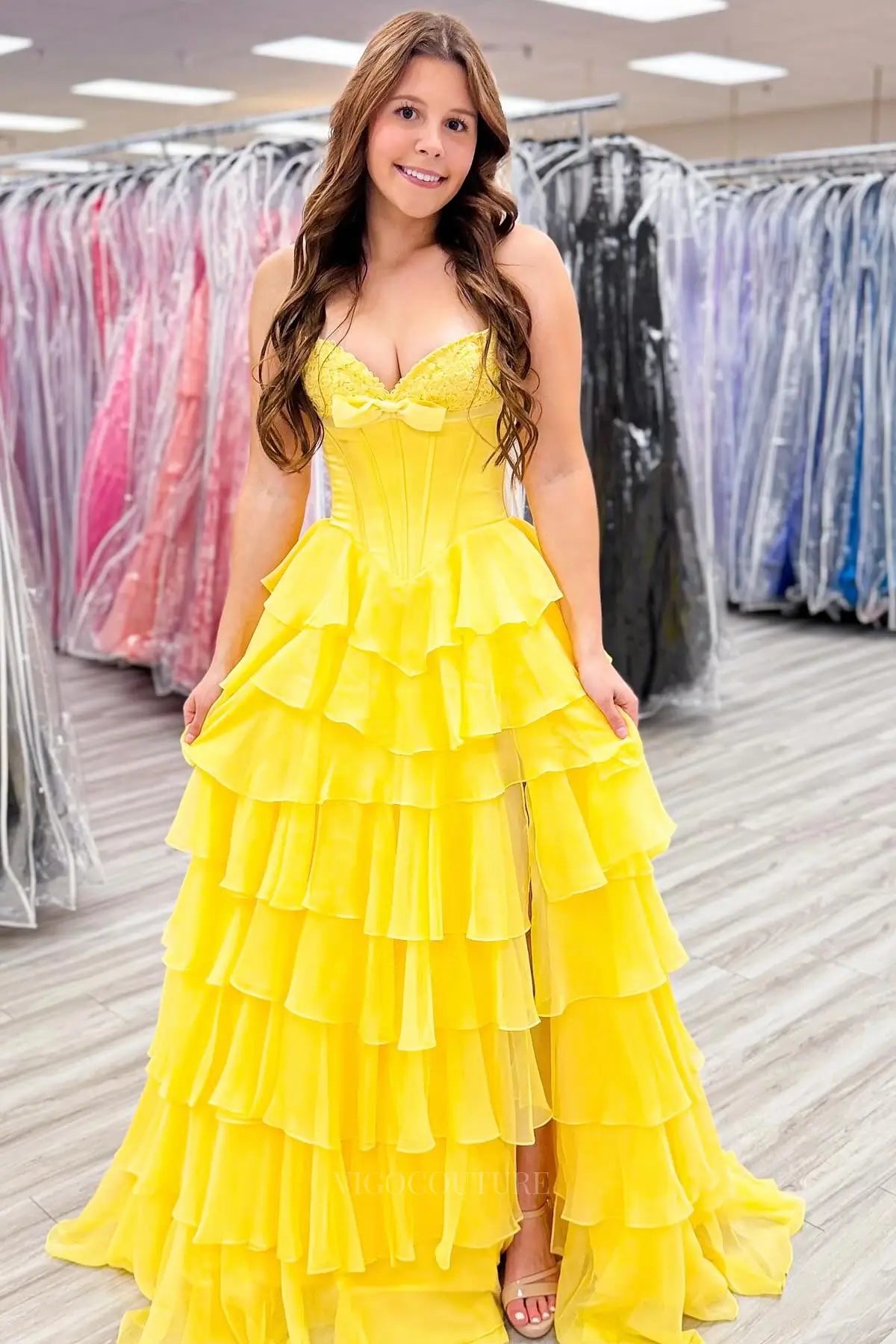 Prom Dresses 2025 to impress Romantic Tiered Ruffle Prom Dress with Lace Sweetheart Corset Bodice, Bow Detail & High Slit – 26155-vigocouture-Yellow-US 0-vigocouture