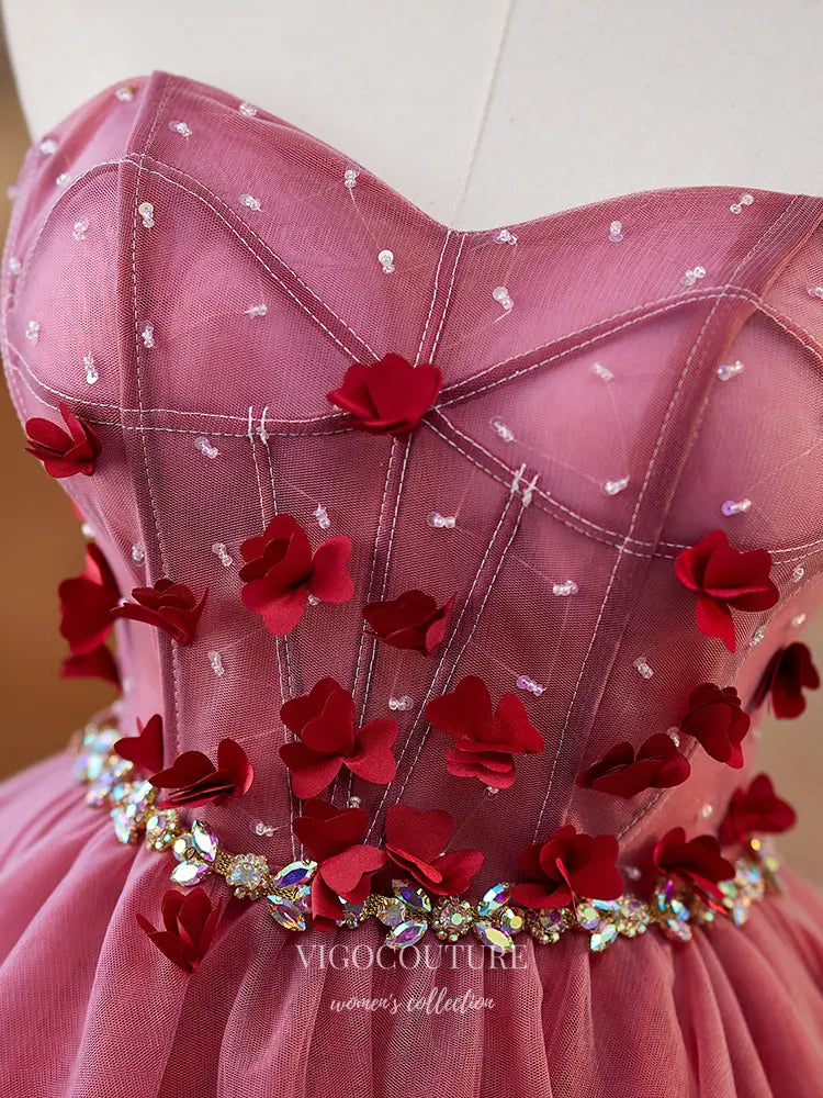 Prom Dresses 2025 to impress Rose Pink Tulle Homecoming Dress with Red Petal Appliqués & Rhinestone Waist – hc478-vigocouture-vigocouture