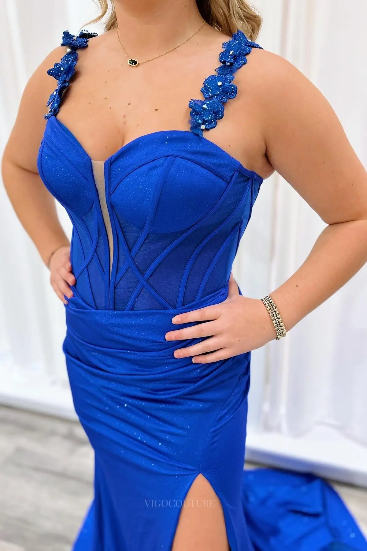 Prom Dresses 2025 to impress Royal Blue Glitter Mermaid Prom Dress with Floral Appliqué Straps, Sheer Corset & High Slit – 26063-vigocouture-vigocouture