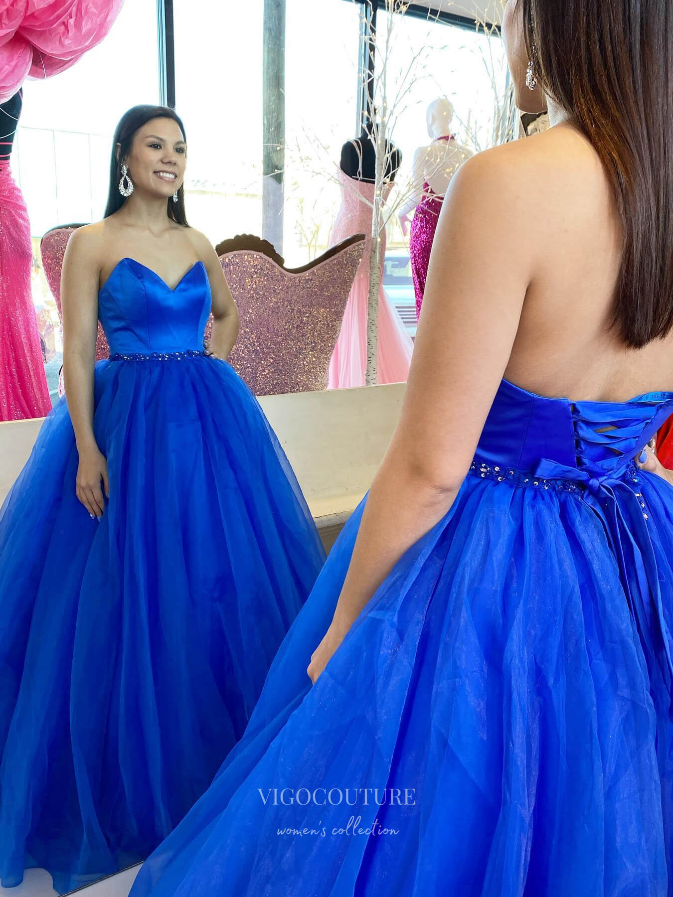 Royal Blue Organza Cheap Prom Dresses Strapless Satin Sweetheart Neck – vigocouture Royal Blue Organza Cheap Prom Dresses Strapless Satin Sweetheart Neck – vigocouture