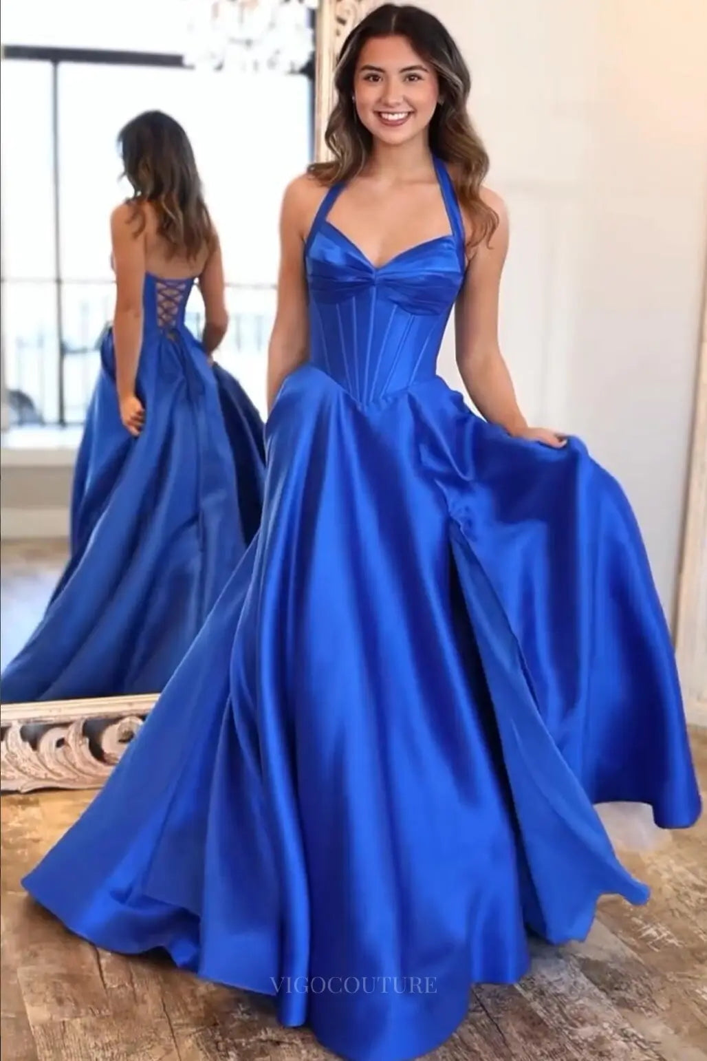 royal blue halter top prom dress Satin with Corset Bodice – DA002 – vigocouture Showtanz Kleid Color:CANDY PINK Spring Formal Dresses | This long fabulous dress