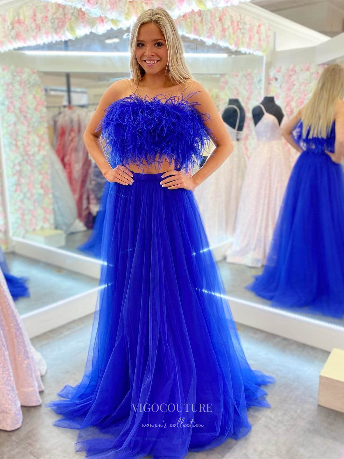 Royal Blue Two-Piece Prom Dresses 2024 Feather Bodice Tulle Bottom 24221 Custom Colors / 24W Royal Blue Two-Piece Prom Dresses 2024 Feather Bodice Tulle Bottom 24221 Custom Colors / 24W