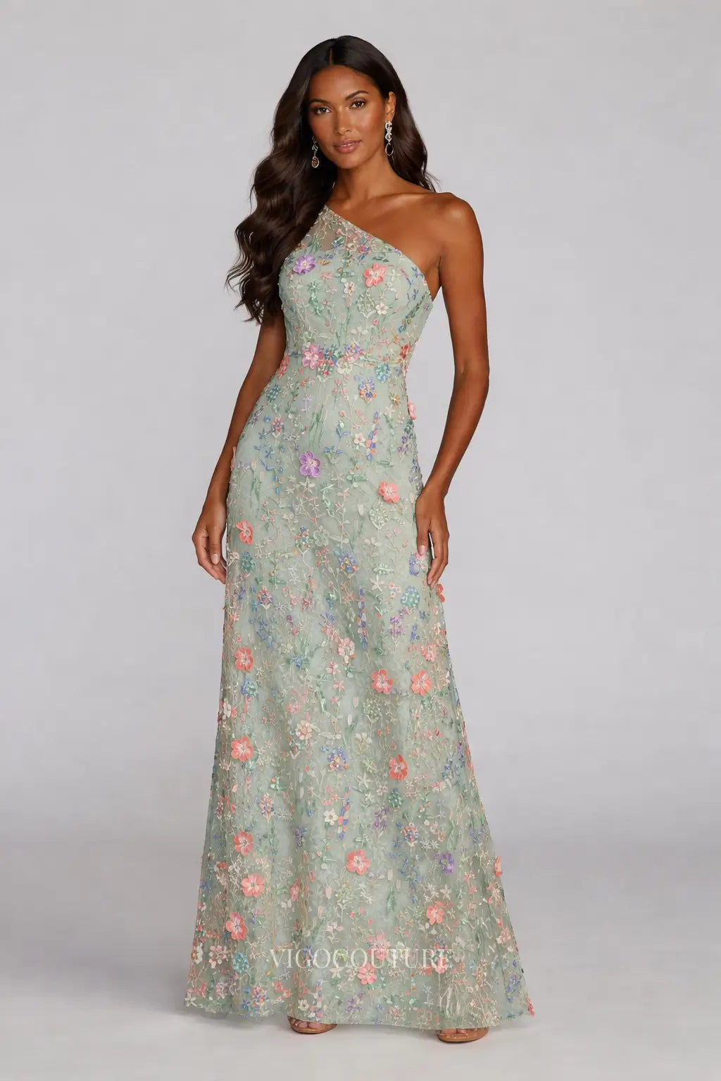 sage formal dress for wedding Floral Embroidered One-Shoulder VG002 – vigocouture LDS Modest Eucalyptus Green wipeout 10.1.25 Make a grand entrance Color:Light Yellow/Multi*
