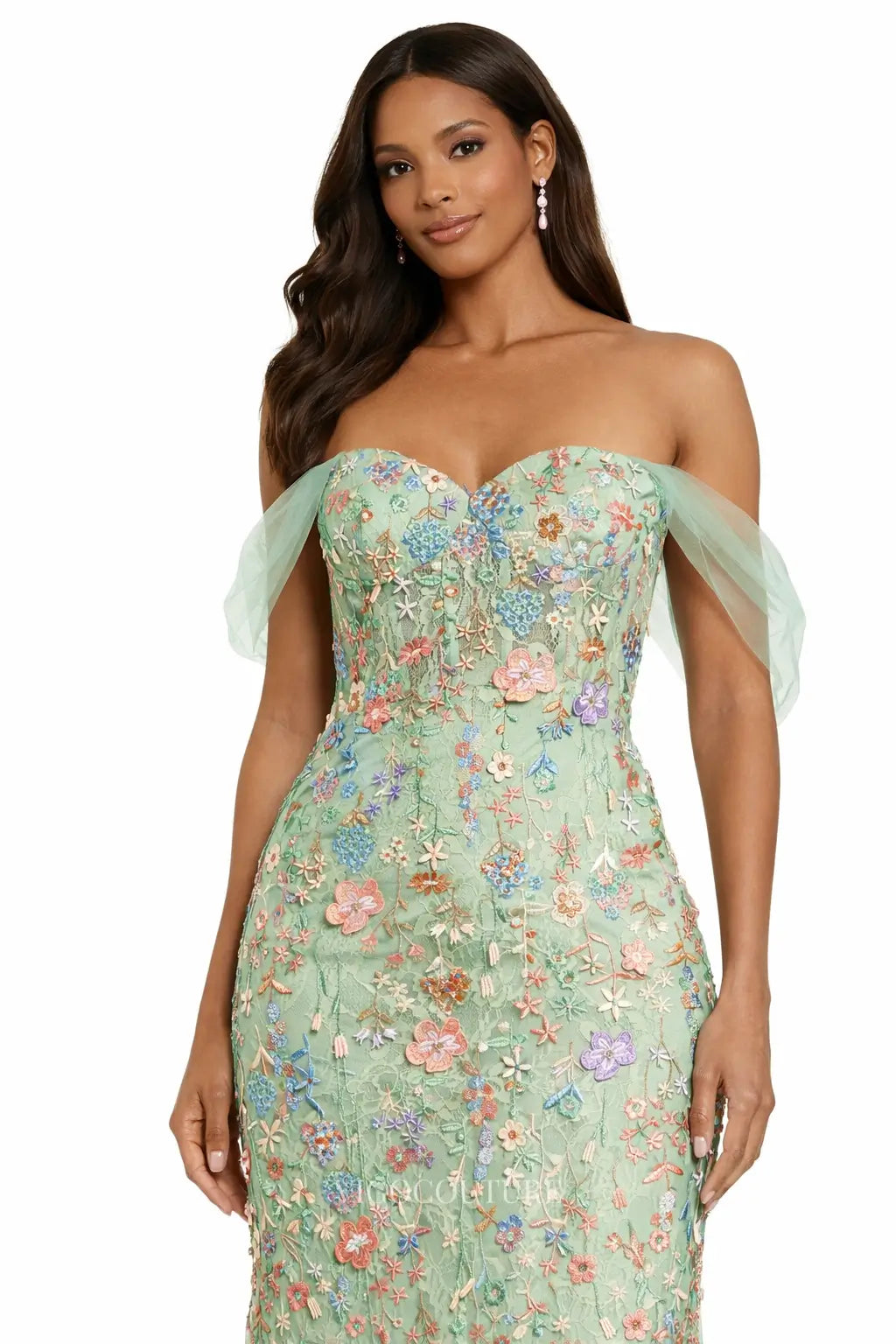 Prom Dresses 2025 to impress Sage Floral Mermaid Formal Dress with Sweetheart Neck & Off-Shoulder Tulle Sleeves - VG007-vigocouture-vigocouture