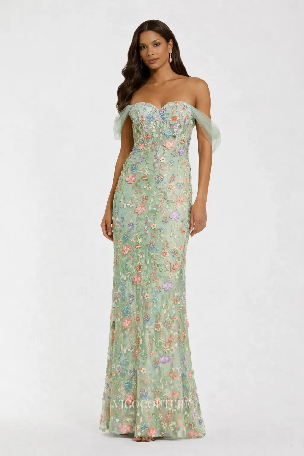 formal sage green dress with sleeves Floral Mermaid Off-Shoulder – vigocouture Straps & Sleeves_3/4 Sleeve