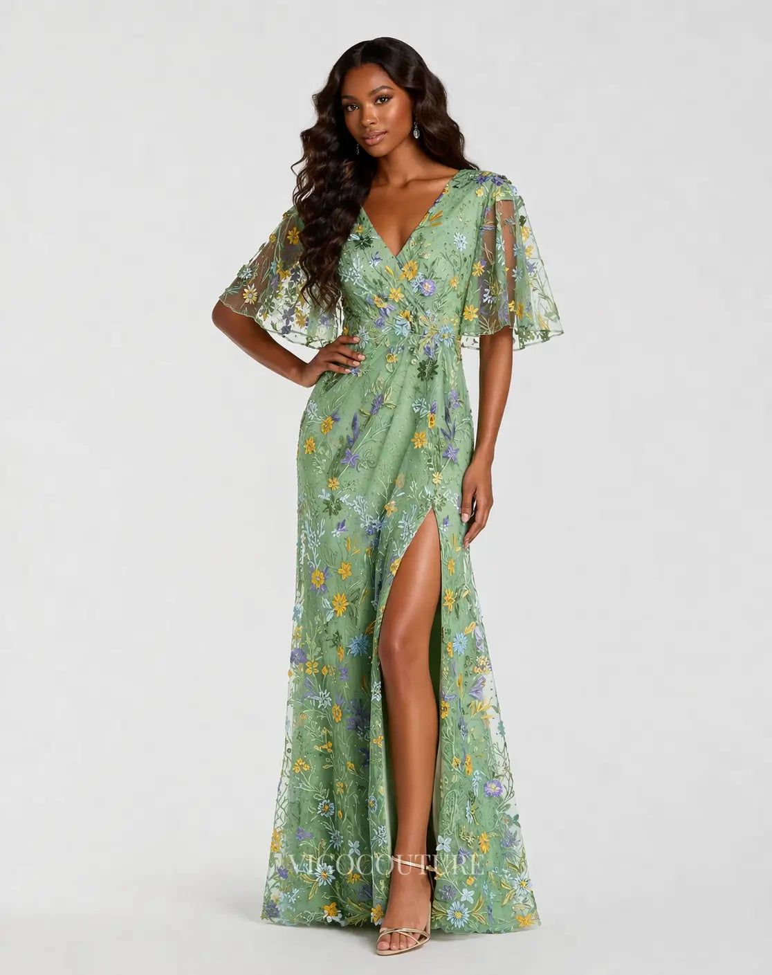 Sage Floral Embroidered Evening Dress with Flutter Sleeves – vigocouture