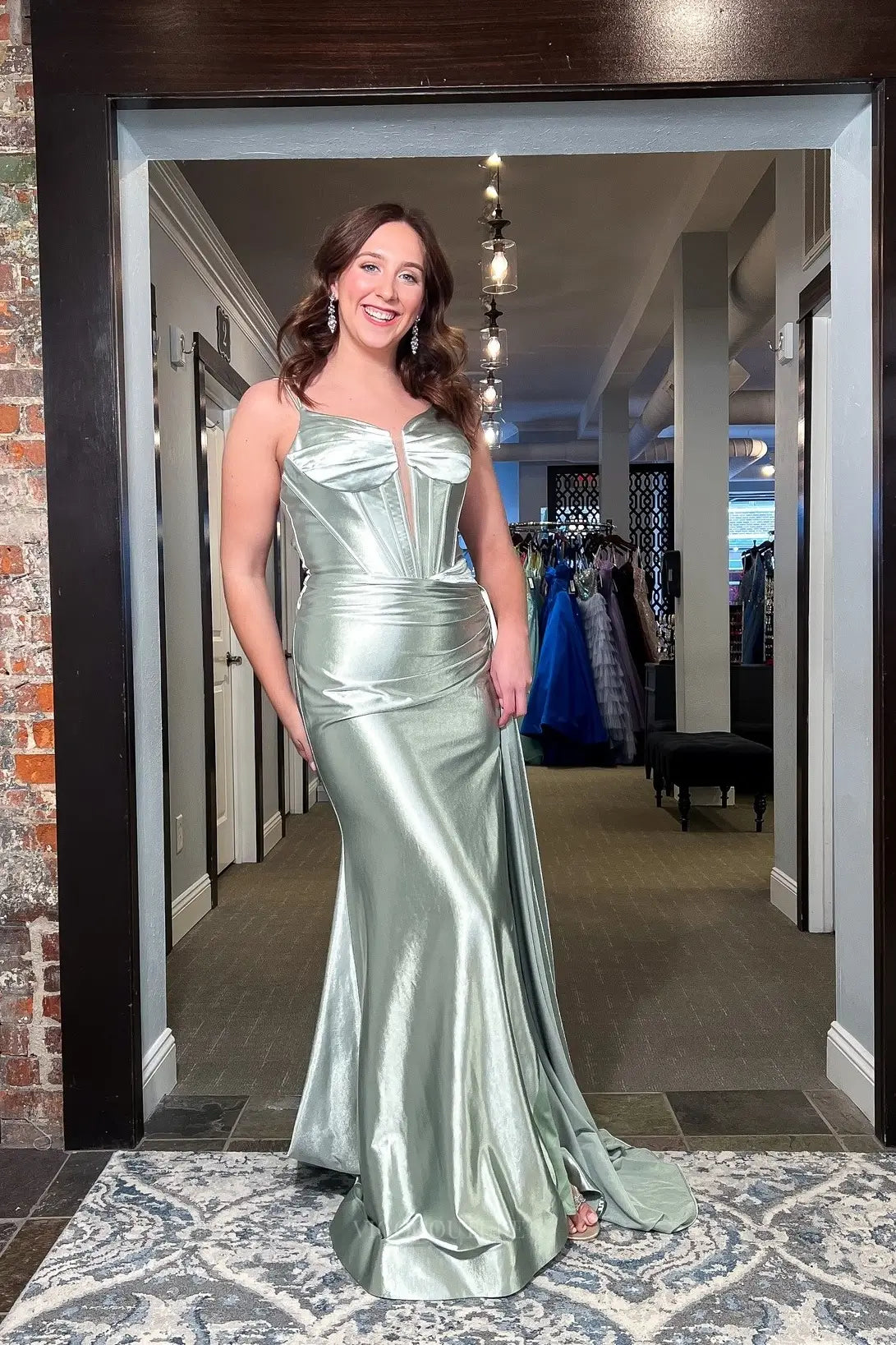 sage green satin prom dress Sage Green Satin Mermaid Prom Dress with Corset Bodice, Spaghetti Straps & High Slit – 26074