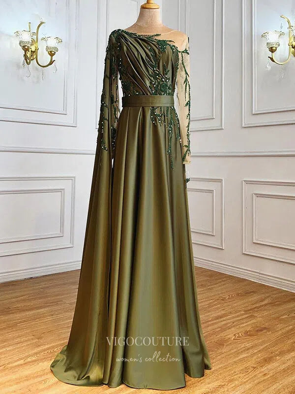 Satin Lace Applique Prom Dresses Long Sleeve Formal Dresses 21281 vigocouture Satin Lace Applique Prom Dresses Long Sleeve Formal Dresses 21281 vigocouture