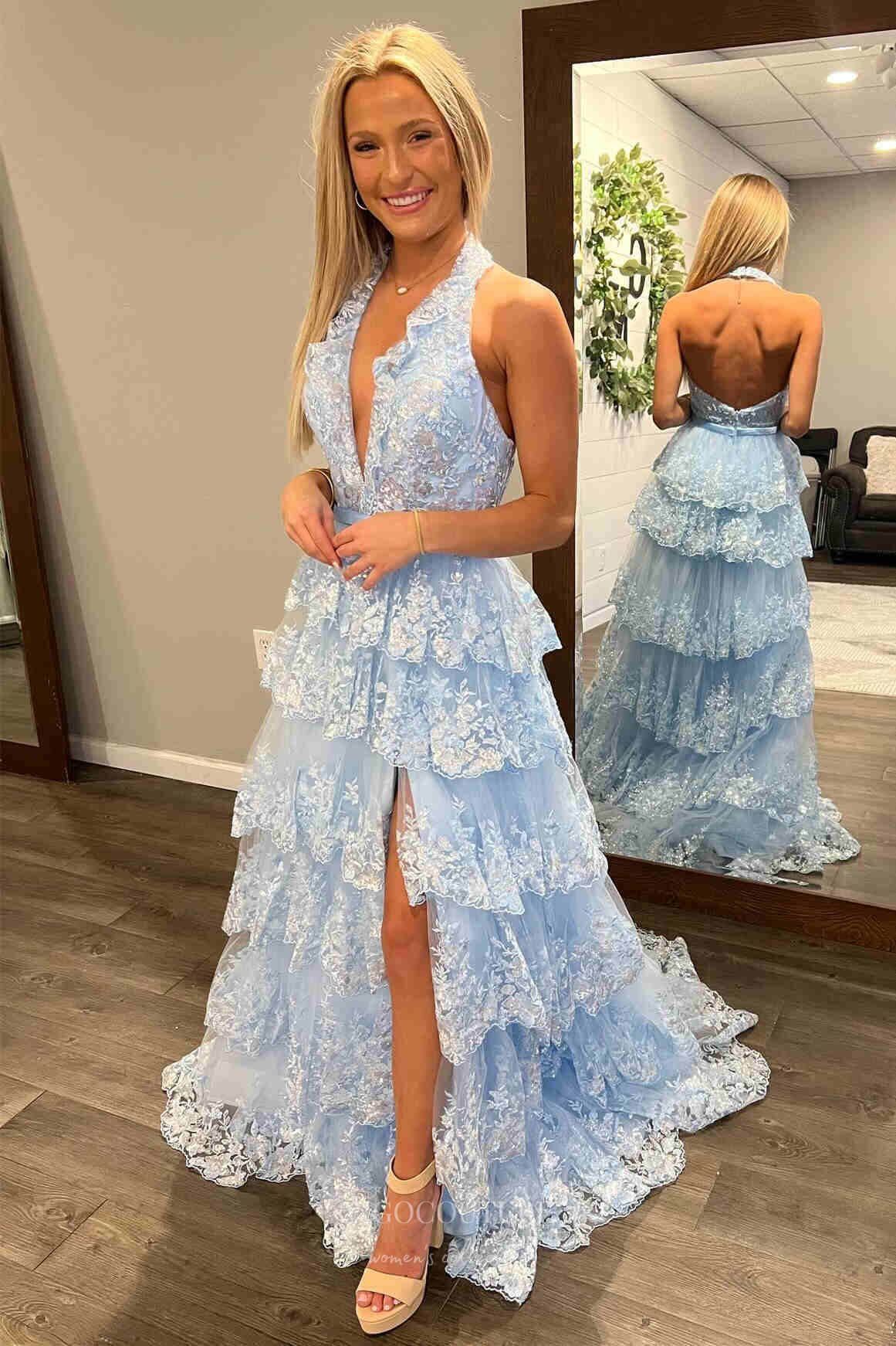 Sequin Lace Tiered Prom Dresses with Slit Halter Neck Plunging V-Neck 24305 Sequin Lace Tiered Prom Dresses with Slit Halter Neck Plunging V-Neck 24305