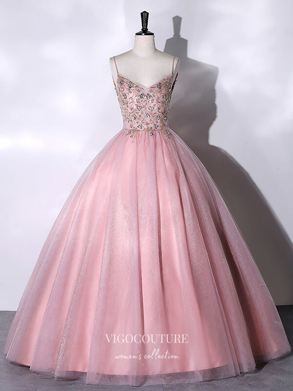 Shimmering Pink Beaded Prom Ball Gown with Spaghetti Strap 22308 vigocouture Shimmering Pink Beaded Prom Ball Gown with Spaghetti Strap 22308 vigocouture