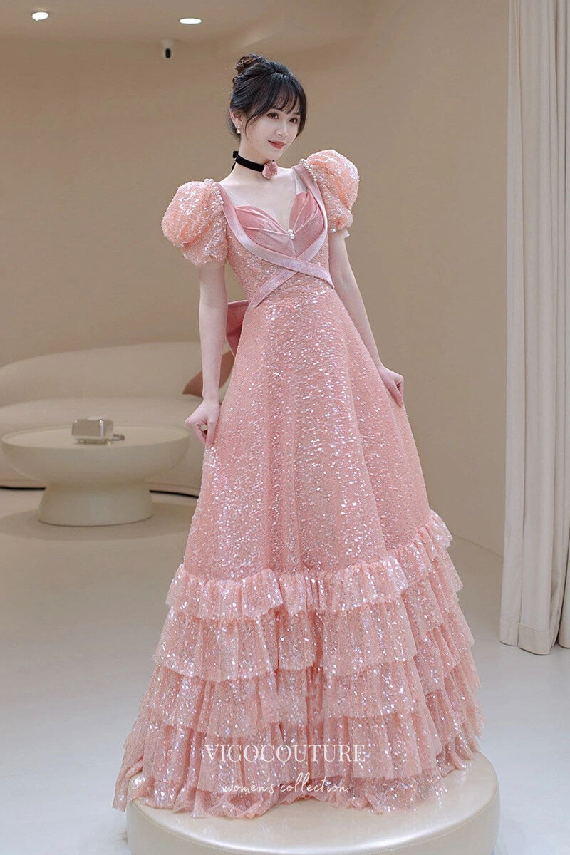 Shimmering Pink Sequin Prom Dress with Ruffles and Puffed Sleeve 22362