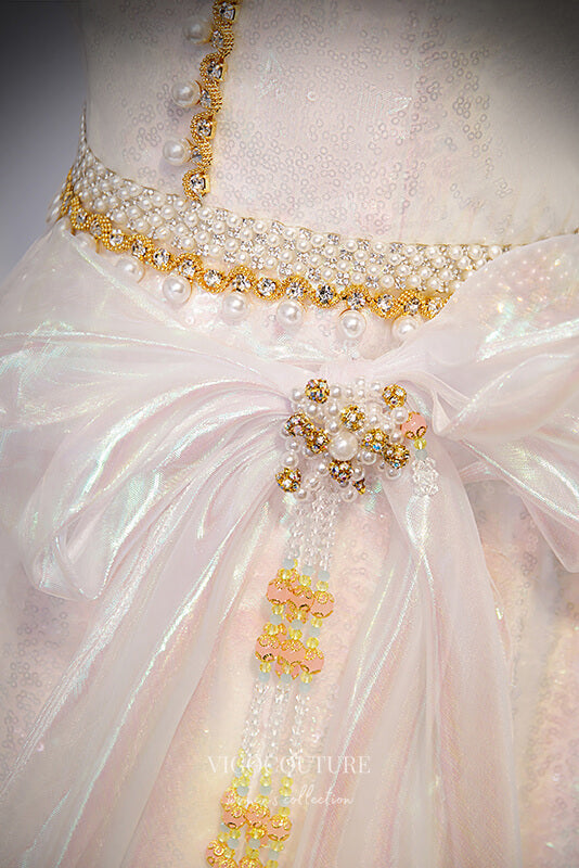 Prom Dress 2025 Shimmering Polyester Prom Dress with Puffed Sleeve and V-Neck 22259-unique elegant Prom Dresses-Ivory-Custom Size-vigocouture