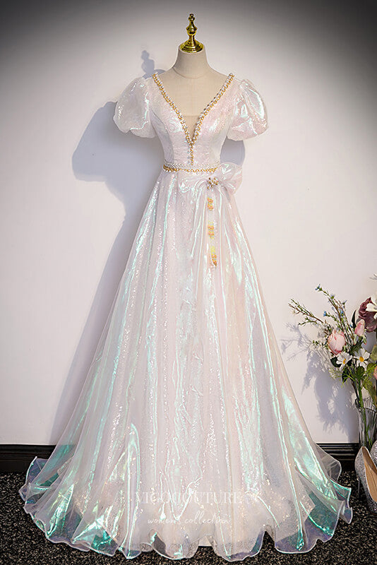 polyester wedding dress Shimmering Polyester Prom Dress with Puffed Sleeve and V-Neck 22259